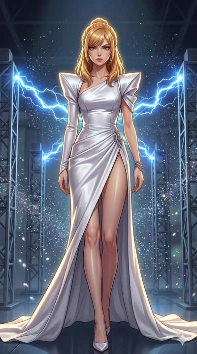 score_9, masterpiece, best quality, ultra-detailed, high-budget anime keyframe, editorial fashion photography, tasteful artistic composition, Caucasian woman, strictly human ears. low angle full-body shot from head to toe showing her feet, filling th
