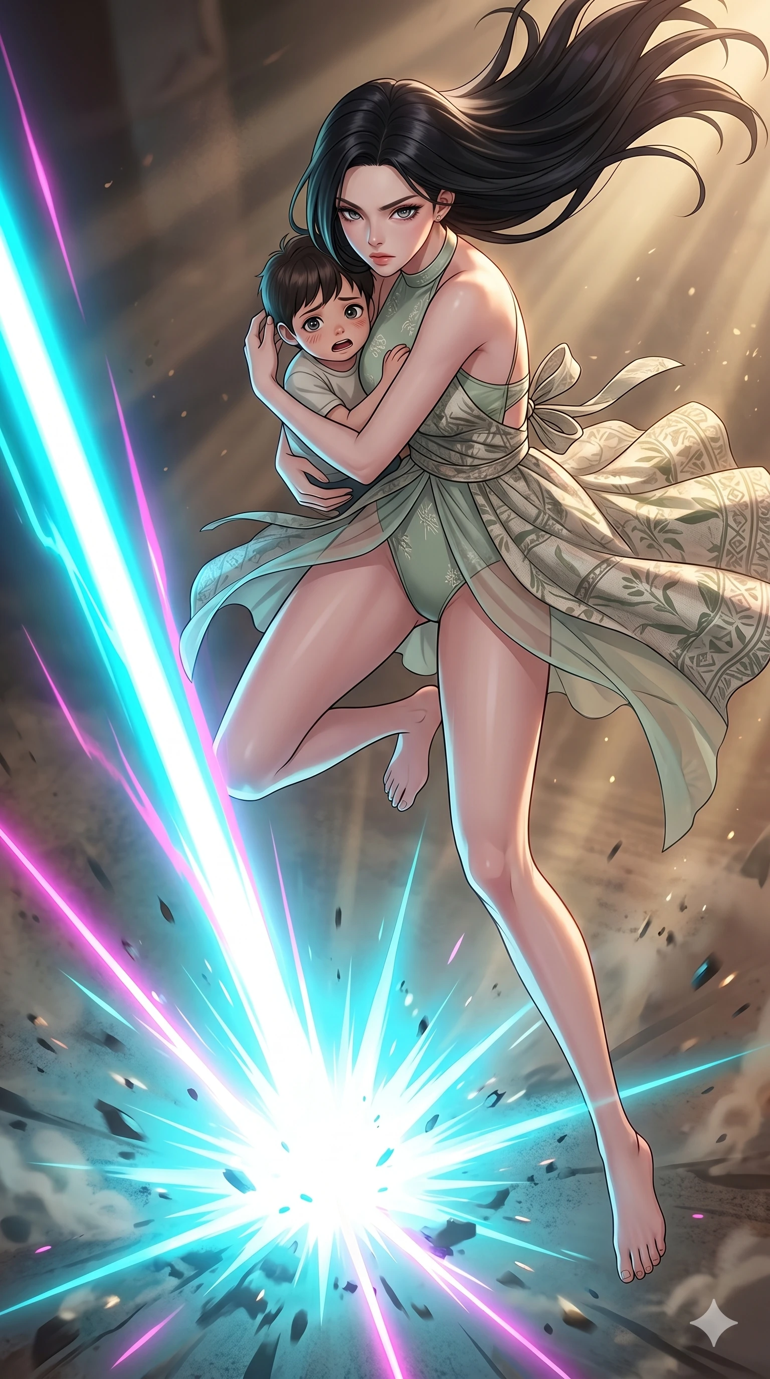 score_9, masterpiece, best quality, ultra-detailed, high-budget anime movie keyframe, cinematic anime lighting, intricate line art, Korean anime girl. Extreme high angle shot as she leaps towards the camera, filling the frame. shielding a small child with her own body during a laser strike. She has an absolutely perfect 8-heads proportion, an exceptionally tall and slender female figure with an ultra-slim waist and impossibly long slender legs. strictly human anatomy, two legs only, no extra limbs, clearly defined legs and arms, perfect anatomy, perfect hands and fingers. sharp v-shaped jawline, high-bridge nose, intricate jewel-like eyes, thick eyelashes, glossy lips. Wearing Seasonal/Resort: High-cut one-piece with sarong, linen sundress with tie-back, and sheer fabric wrap. The scene is illuminated by dramatic atmospheric lighting and vibrant color palettes. , 2k, ultra detail, master piece, 9:16 ratio