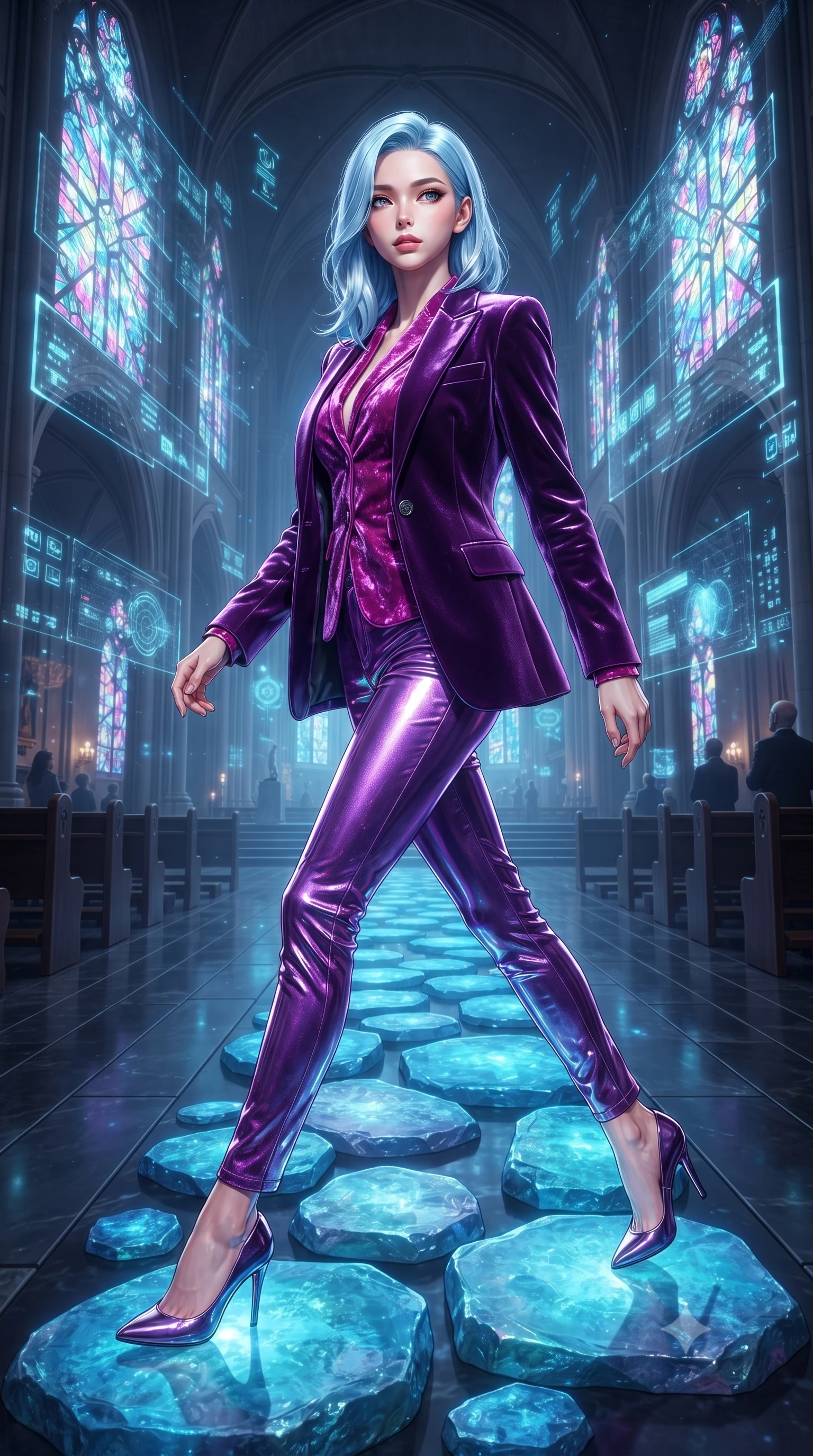 score_9, masterpiece, best quality, ultra-detailed, High-budget Anime Keyframe, editorial fashion photography, tasteful artistic composition, realistic cosplay photography, East Asian woman. Dynamic full-body shot stretching the vertical silhouette to the limit. Scenario 502: stepping across glowing azure stones in a futuristic cathedral with holographic stained-glass windows. Her presence is magnetic and overpowering in this high-budget cinematic scene. Outfit 502: a body-hugging neon violet crushed velvet jacket layered under a structured velvet blazer. The clothing is designed to emphasize her exceptionally tall and slender 8-heads proportion. 8-heads proportion, towering silhouette, ultra-slim waist. sharp v-shaped jawline, intricate jewel-like eyes with depth, thick eyelashes, glossy lips. ultra-reflective glossy finish, specular highlights, metallic sheen, high-contrast stereoscopic depth, volumetric dynamic lighting, 2k, ultra detail, master piece, 9:16 ratio