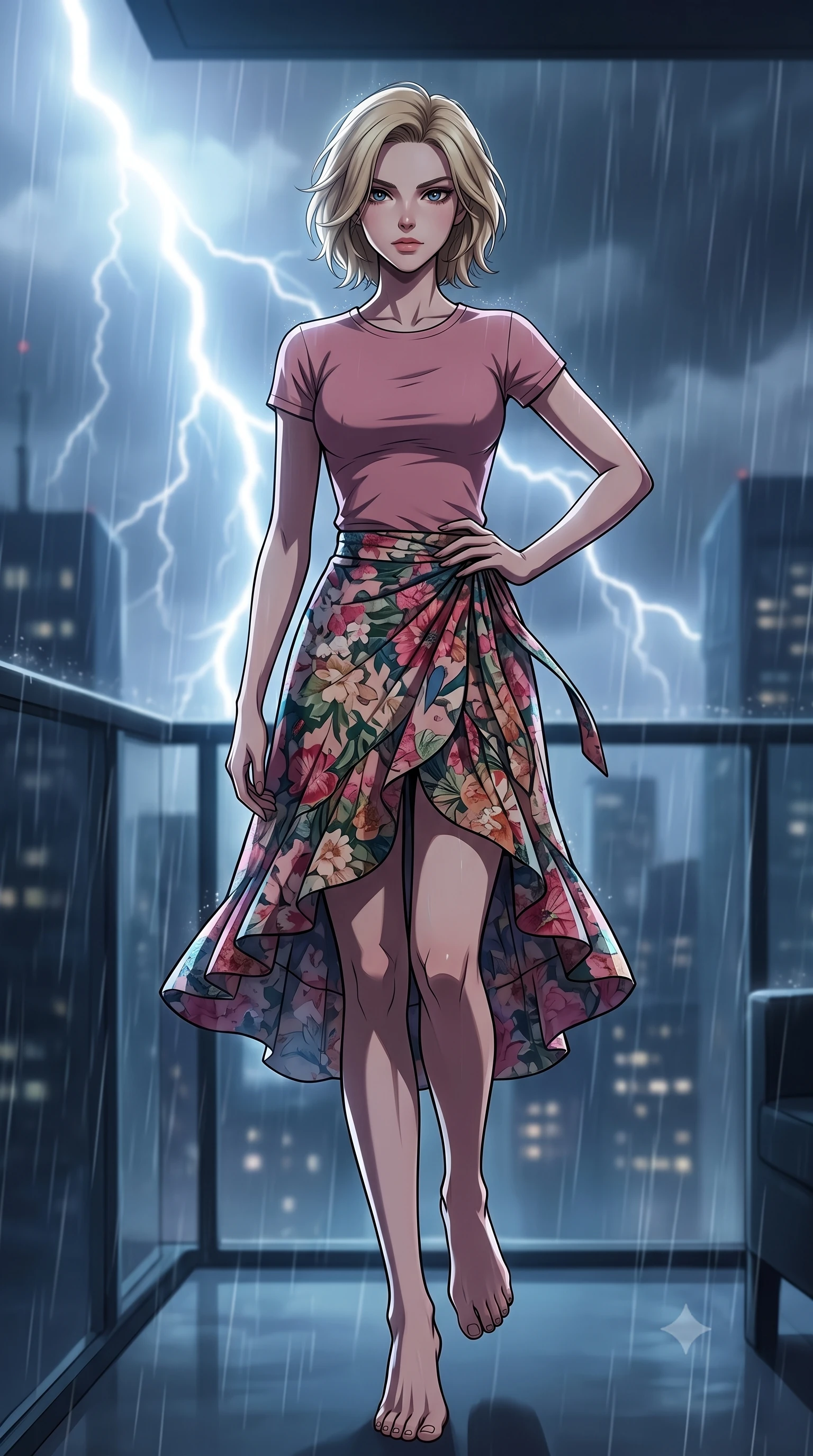 score_9, masterpiece, best quality, ultra-detailed, high-budget anime keyframe, tasteful artistic composition, Caucasian woman. low angle full-body shot from head to toe showing her feet, filling the entire 9:16 vertical frame with her statuesque presence, stretching her vertical silhouette. posing confidently with one hand on her hip, stretching her statuesque body to emphasize her curves the background shows a soft-focus a private balcony of a high-tech apartment during a heavy thunderstorm. She has an absolutely perfect, statuesque 8.5-heads proportion, an exceptionally tall and slender model-like female figure with impossibly long slender legs and an ultra-slim waist. sharp v-shaped jawline, high-bridge nose, intricate jewel-like eyes with depth, thick eyelashes, glossy lips with a natural sheen. wearing a slim-fit simple crewneck t-shirt in dusty pink paired with a floral print wrap skirt. bright flashes of lightning casting momentary high-contrast chiaroscuro shadows. highly saturated vibrant anime colors, cel-shading, 2d style, master piece, 9:16 ratio