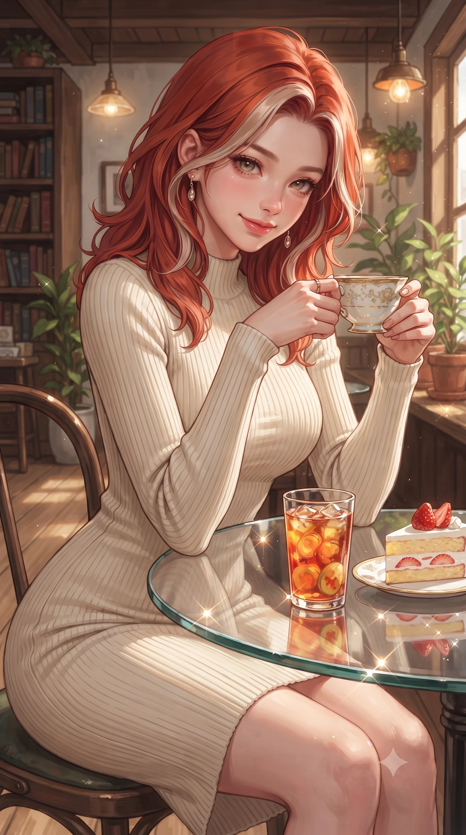 score_9, masterpiece, best quality, ultra-detailed, high-budget anime keyframe, editorial fashion photography, tasteful artistic composition, Caucasian woman. close-up cowboy shot from the waist and thighs up, the character dominates the composition, filling the frame with her large presence, background elements kept in soft focus. tilting her chin down slightly, looking up at the viewer with a sweet, charming smile set against a soft-focus background of in a cozy wooden-themed coffee shop decorated with antique bookshelf walls with a glass of iced fruit tea and a slice of strawberry shortcake nearby. She has an exceptionally elegant, slender, and willowy female figure with an ultra-slim waist, a gracefully sculpted slender torso, and a refined silhouette. sharp v-shaped jawline, high-bridge nose, intricate jewel-like eyes with depth, thick eyelashes, glossy lips with a natural sheen. wearing form-contouring form-fitting ribbed knit dress in cream, contouring her slender silhouette. bright daylight reflecting off the glass table and creating sparkling glints. ultra-reflective glossy finish, specular highlights, metallic sheen, high-contrast stereoscopic depth, volumetric dynamic lighting, 2k, ultra detail, master piece, 9:16 ratio