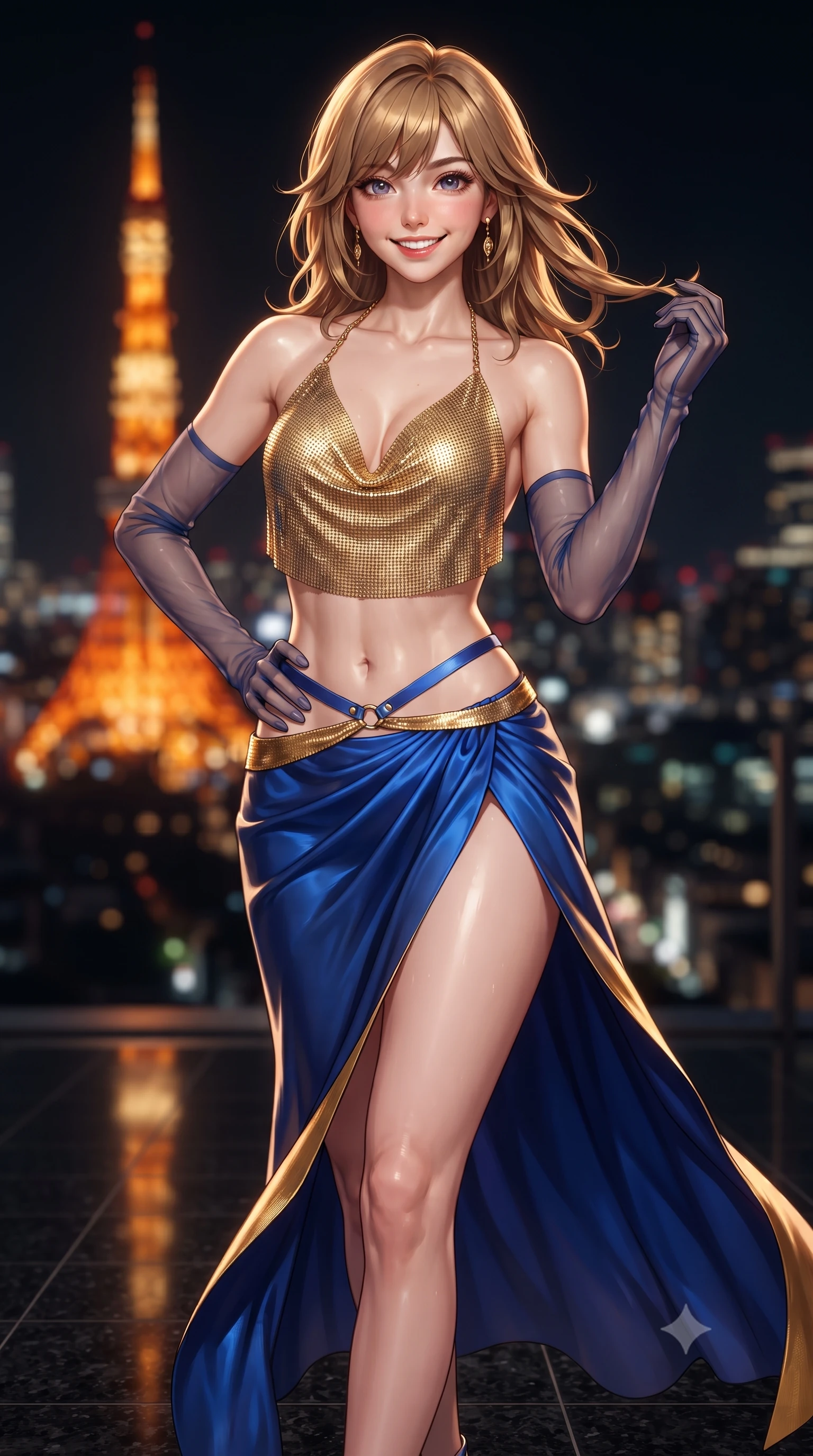 score_9, masterpiece, best quality, ultra-detailed, high-budget anime keyframe, editorial fashion photography, tasteful artistic composition, Korean woman. close-up cowboy shot from the waist and thighs up, the character dominates the composition, filling the frame with her large presence. twisting her slender torso in an alluring contrapposto stance, one hand resting on her sculpted hip while her fingers toy with her hair with effortless poise while walking slowly across the polished black granite floor with confident model strides, her high-slit dress revealing her slender legs. The background shows a soft-focus the iconic glowing orange beacon of Tokyo Tower and endless sea of metropolitan lights blurred into scarlet, gold, and obsidian bokeh. She has an exceptionally elegant, slender, and willowy female figure with an ultra-slim waist, flat toned midriff, narrow ribcage, and sculpted feminine hips creating an alluring, slim hourglass silhouette without bulk. sharp v-shaped jawline, high-bridge nose, intricate jewel-like sparkling eyes with depth, thick eyelashes, glossy parted lips with a natural peach sheen, bright cheerful beaming smile with an enchanting and coquettish sensual glint, exuding both youthful cute charm and seductive allure, flawlessly proportioned anatomical accuracy, strict slender model proportions, natural body alignment, perfectly sculpted long slender limbs, ultra-slim waistline, clean dynamic posture without body distortion. wearing a shimmering liquid gold chainmail halter cowl top paired with a draped high-slit silk maxi skirt and waist harness in Burj Arabian royal sapphire blue and molten gold, woven from buttery-soft stretch lambskin leather adhering to her body like a second skin, complemented by sheer opera-length evening gloves tracing her slender arms, the form-contouring silhouette accentuating her sculpted flat midriff, narrow delicate ribcage, and gracefully curvy hips with intoxicating allure. illuminated by gallery recessed downlights and crisp amber-gold rim lights defining her dewy collarbones, narrow waist, and curvy hips. ultra-reflective glossy finish, specular highlights, rich textural contrasts, high-contrast stereoscopic depth, volumetric dynamic lighting, 2k, ultra detail, master piece, 9:16 ratio