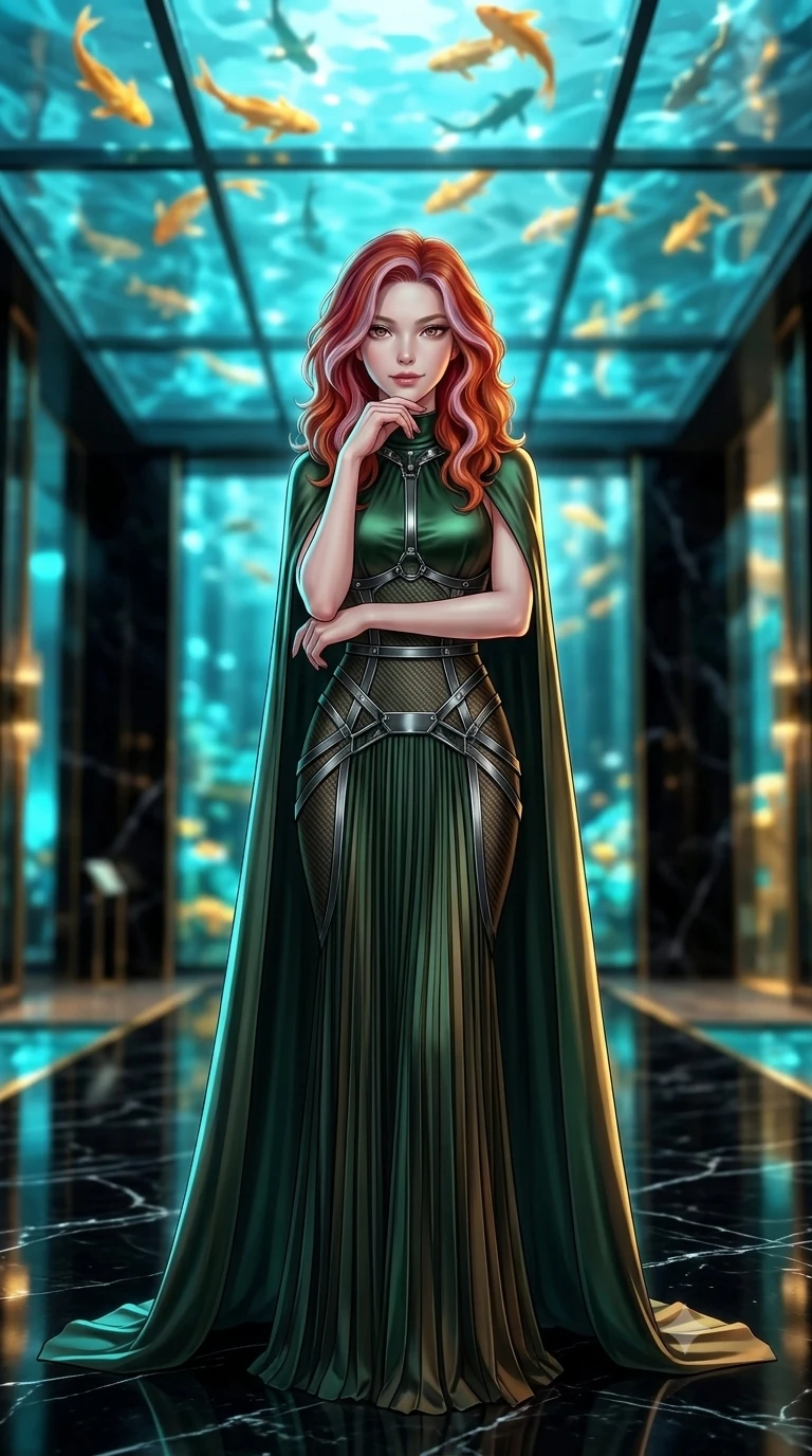 score_9, masterpiece, best quality, ultra-detailed, high-budget anime keyframe, semi-realistic 3D game render, editorial fashion photography, tasteful artistic composition, Caucasian woman. close-up cowboy shot from the waist and thighs up, the character dominates the composition, filling the frame with her large presence. resting her chin on the backs of her fingers with an air of effortless superiority and parted glossy lips while standing poised on the black marble floor beneath the transparent glass ceiling, looking up as golden koi swim through illuminated waters overhead. The background shows a soft-focus swimming koi silhouettes overhead, shimmering turquoise pool water refractions, and towering obsidian wall panels blurred into aquatic cyan, gold, and obsidian bokeh. She has an exceptionally elegant, slender, and willowy female figure with an ultra-slim waist, flat toned midriff, narrow ribcage, and sculpted feminine hips creating an alluring, slim hourglass silhouette without bulk. sharp v-shaped jawline, high-bridge nose, intricate jewel-like dark sparkling eyes with hypnotic seductive depth, thick curled eyelashes, glossy parted lips with a natural wine sheen, alluring bedroom-eyes with an enigmatic smoldering smile, exuding magnetic sovereign charisma and dark avant-garde glamour, flawlessly proportioned anatomical accuracy, strict slender model proportions, natural body alignment, perfectly sculpted long slender limbs, ultra-slim waistline, clean dynamic posture without body distortion. wearing a high-neck liquid satin evening cape gown with modest pleated column skirt in dark emerald green and antique bronze, woven from matte carbon-fiber weave with high-tech structural hold, highlighted by a gunmetal metallic harness structure, accentuating her gracefully sculpted slender torso and statuesque proportions. illuminated by polished floor bounce and sharp cyan-amber rim lights defining her razor-sharp jawline, narrow waist, and curvy hips. highly saturated vibrant anime colors, detailed shading with soft gradients, rich glossy textures, high-contrast stereoscopic depth, volumetric dynamic lighting, master piece, 9:16 ratio
