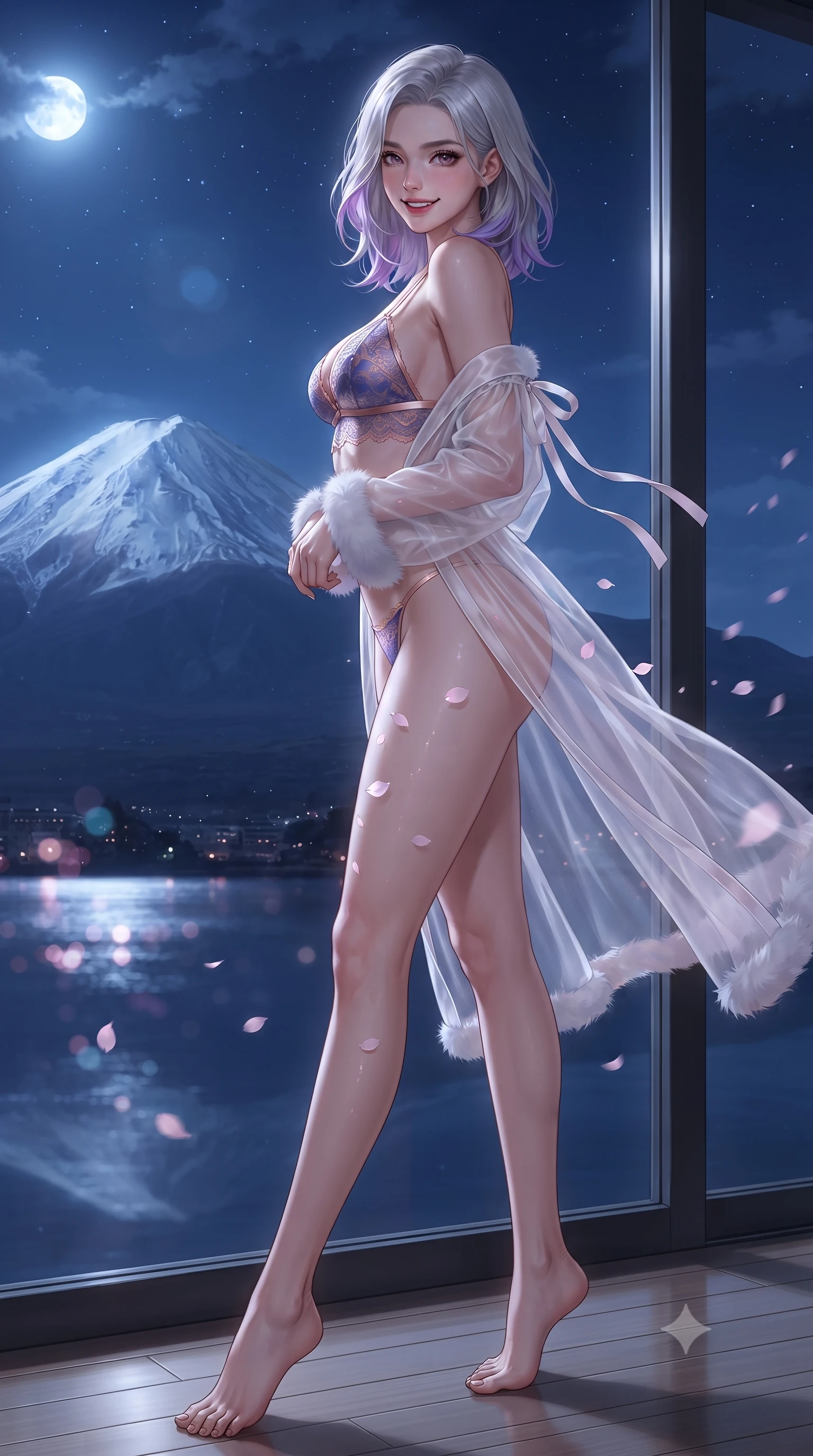score_9, masterpiece, best quality, ultra-detailed, high-budget anime keyframe, editorial fashion photography, tasteful artistic composition, Caucasian woman. low angle full-body shot from head to toe showing her feet, filling the entire 9:16 vertical frame with her statuesque presence, stretching her vertical silhouette. posing in a classic haute-couture S-curve stance beside the floor-to-ceiling window, looking over a bare shoulder with magnetic presence while twisting her slender torso in an alluring contrapposto stance, night-blooming cherry blossom petals drifting across her dewy skin and flat midriff. The background shows a soft-focus iconic snow-capped silhouette of Mount Fuji bathed in ethereal moonlight, drifting nocturnal sakura blossoms, and Lake Kawaguchi reflections blurred into pale pink, silver, and indigo bokeh. She has an exceptionally tall and slender model-like 8.5-heads proportion, an ultra-slim waist, a flat toned midriff, narrow delicate ribcage, and beautifully sculpted feminine hips creating a graceful, slim hourglass silhouette without any bulky heaviness, with impossibly long slender legs. sharp v-shaped jawline, high-bridge nose, intricate jewel-like sparkling eyes with depth, thick eyelashes, glossy parted lips with a natural peach sheen, bright cheerful beaming smile with an enchanting and coquettish sensual glint, exuding both youthful cute charm and seductive allure, flawlessly proportioned anatomical accuracy, strict slender model proportions, natural body alignment, perfectly sculpted long slender limbs, ultra-slim waistline, clean dynamic posture without body distortion. wearing a delicate translucent cashmere-gauze boudoir robe with faux-fur trimmed cuffs slipping off bare shoulders over a strappy lace bralette in orbital nebula violet and luminescent rose gold, crafted from translucent silk organza with an ethereal crystalline sheen, finished with satin ribbon ties at the shoulders fluttering in the gentle breeze, the glove-like clinging cut tightly following the natural contour of her hips and long slender legs with youthful 8.5-heads elegance. illuminated by hot spring caustics bounce and sharp platinum-rose rim lights sculpting her cheekbones, flat midriff, and curvaceous hips. ultra-reflective glossy finish, specular highlights, rich textural contrasts, high-contrast stereoscopic depth, volumetric dynamic lighting, 2k, ultra detail, master piece, 9:16 ratio