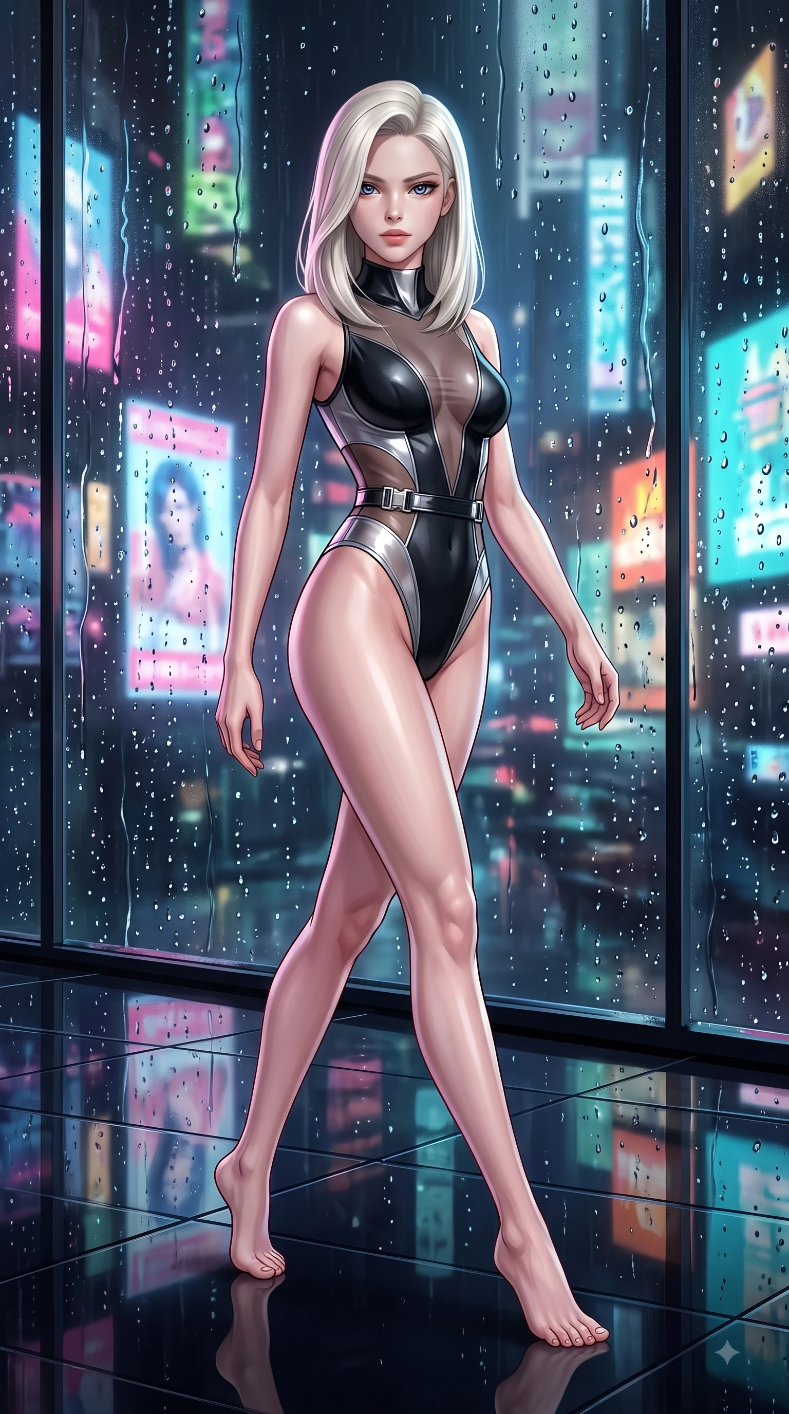 score_9, masterpiece, best quality, ultra-detailed, high-budget anime keyframe, editorial fashion photography, tasteful artistic composition, Caucasian woman. low angle full-body shot from head to toe showing her feet, filling the entire 9:16 vertical frame with her statuesque presence, stretching her vertical silhouette. stepping forward in a proud dynamic stride with an alluring waist tilt, her vertical silhouette filling the frame while stepping across a polished obsidian floor reflecting holographic billboards in mid-air, rain droplets glistening on the window glass with colorful neon city reflections. She has an absolutely perfect, statuesque 8.5-heads proportion, an exceptionally tall and slender model-like female figure with impossibly long slender legs and an ultra-slim waist. sharp v-shaped jawline, high-bridge nose, intricate jewel-like eyes with depth, thick eyelashes, glossy lips with a natural sheen, flawlessly proportioned anatomical accuracy, natural body alignment, perfectly sculpted elegant limbs, clean dynamic posture without body distortion. wearing a high-cut translucent vinyl leotard with front paneling and open back in matte black and polished silver, woven from fine semi-opaque sheer organza, detailed with polished silver buckles along the waistline, the sleek second-skin texture accentuating her magnetic presence. surrounded by a high-energy, seductive cyberpunk nightlife ambiance. ultra-reflective glossy finish, specular highlights, metallic sheen, high-contrast stereoscopic depth, volumetric dynamic lighting, 2k, ultra detail, master piece, 9:16 ratio