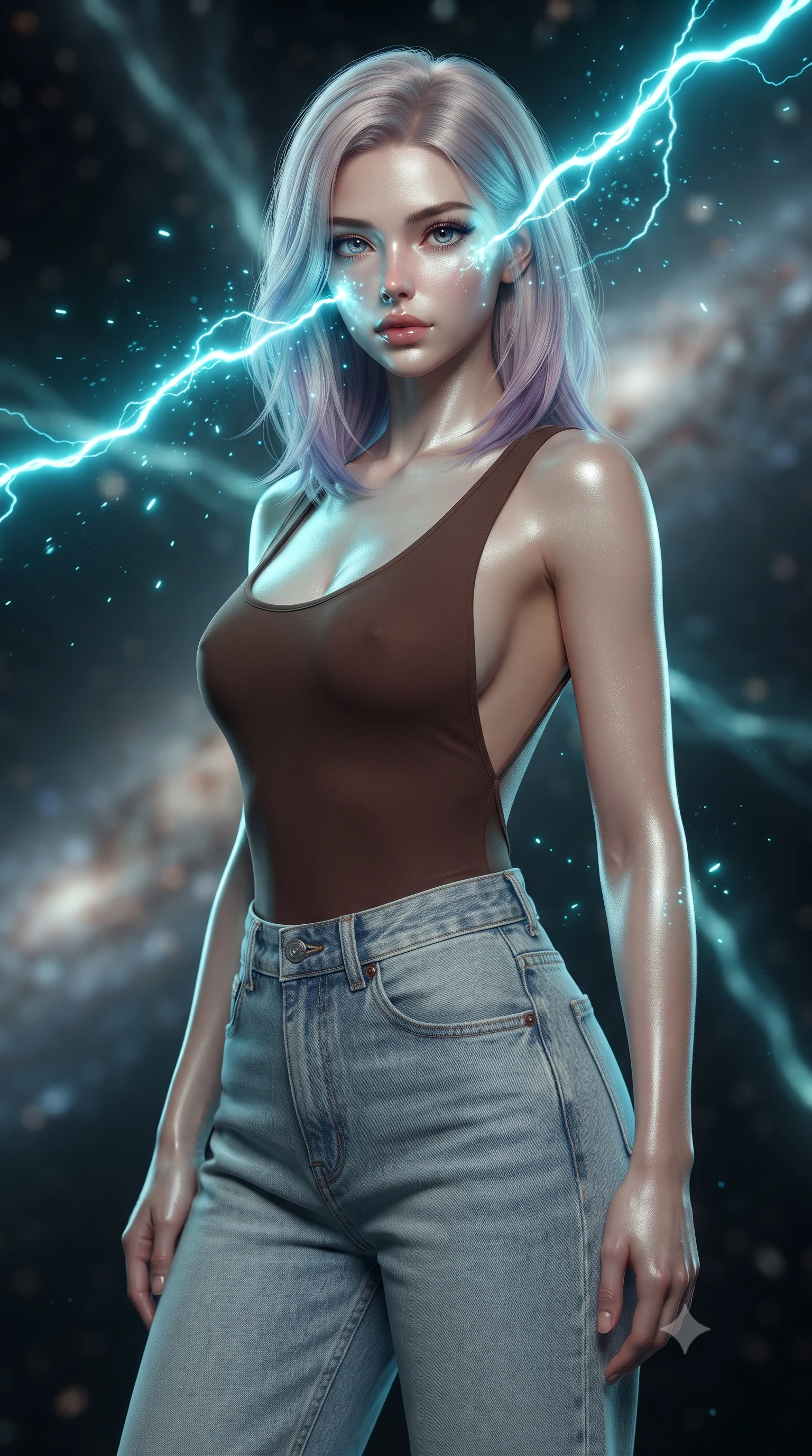 score_9, masterpiece, best quality, ultra-detailed, high-budget anime keyframe, editorial fashion photography, tasteful artistic composition, realistic cosplay photography, Caucasian woman, strictly human ears. close-up cowboy shot from the waist and thighs up, the character dominates the composition, filling the frame with her large presence, background elements kept in soft focus. Overloading the reactor core, her face illuminated by the bright cyan electrical energy arcing around her. set against a soft-focus background of the intersection of massive intergalactic gas filaments, streams of galaxies flowing like glowing rivers in the dark. She has an exceptionally elegant and slender, willowy female figure with an ultra-slim waist, a gracefully sculpted slender torso, and a refined slim physique. sharp v-shaped jawline, high-bridge nose, intricate jewel-like eyes with depth, thick eyelashes, glossy lips with a natural sheen. wearing catching and diffusing the glowing particles, shimmering softly in response to the surrounding light, a tailored chocolate brown bodysuit with an open back, paired with high-waisted light-wash boyfriend jeans. soft aqua bioluminescent light making her skin luminously glow against darkness. ultra-reflective glossy finish, specular highlights, metallic sheen, high-contrast stereoscopic depth, volumetric dynamic lighting, 2k, ultra detail, master piece, 9:16 ratio