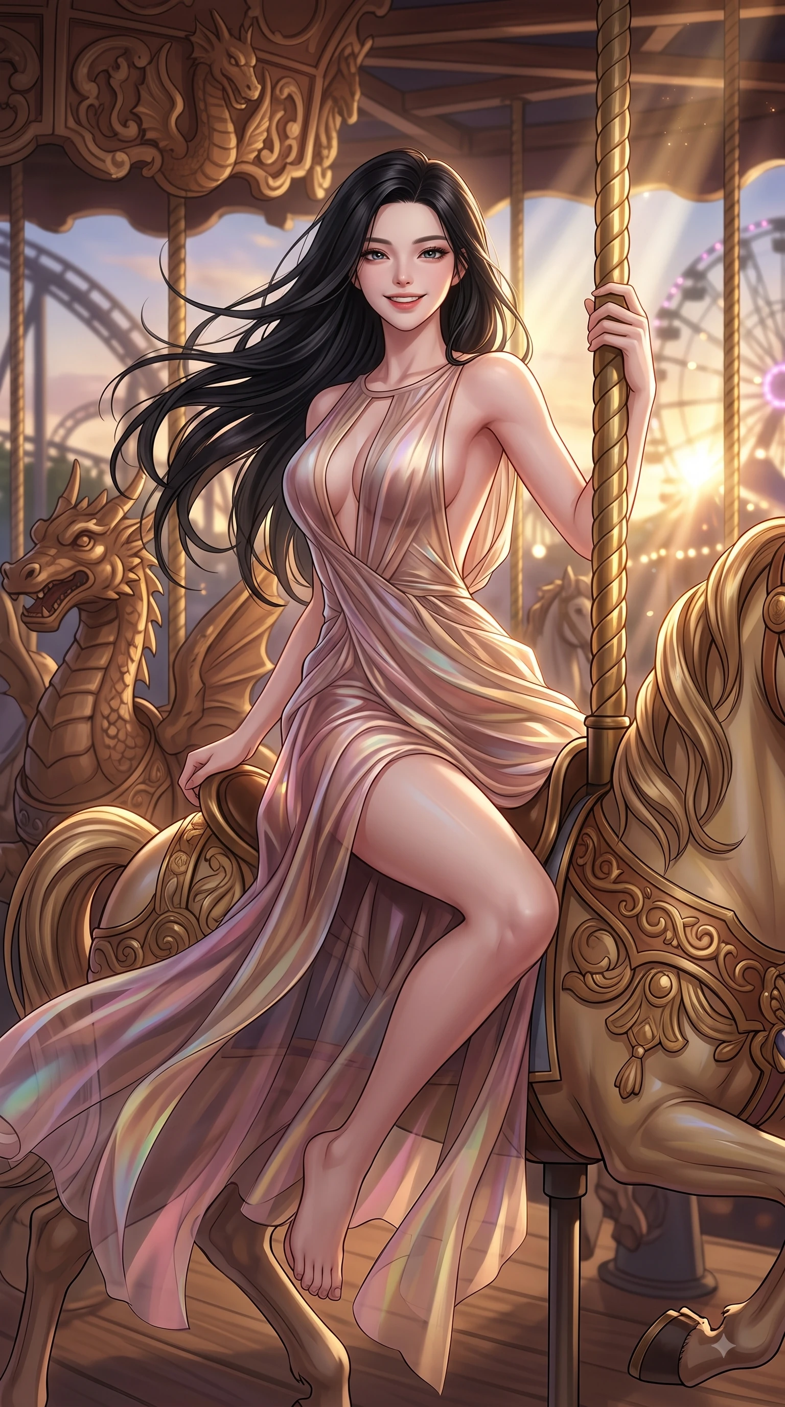 score_9, masterpiece, best quality, ultra-detailed, high-budget anime keyframe, editorial fashion photography, tasteful artistic composition, Korean woman. close-up cowboy shot from the waist and thighs up, the character dominates the composition, filling the frame with her large presence, background elements kept in soft focus. Gazing directly into the camera with a joyful, infectious smile as her torso curves dynamically in mid-stride while riding a ornate wooden carousel horse with a pure, joyful laughing expression at dusk, golden hour sunbursts filtering through theme park structures in magical beams. She has an exceptionally elegant, slender, and willowy female figure with an ultra-slim waist, a gracefully sculpted slender torso, and a refined silhouette. sharp v-shaped jawline, high-bridge nose, intricate jewel-like eyes with depth, thick eyelashes, glossy lips with a natural sheen, flawlessly proportioned anatomical accuracy, natural body alignment, perfectly sculpted elegant limbs, clean dynamic posture without body distortion. wearing a translucent iridescent chiffon gown with a plunging neckline and open back in dusty rose and champagne gold, crafted from iridescent chiffon that shifts colors in the light, accented with a Tasteful chest slit framing her clavicle gracefully, the elegant draped fit framing her graceful clavicle and slender torso. surrounded by a bright, magical theme park ambiance with rich specular glow. highly saturated vibrant anime colors, detailed shading with soft gradients, rich glossy textures, high-contrast stereoscopic depth, volumetric dynamic lighting, master piece, 9:16 ratio