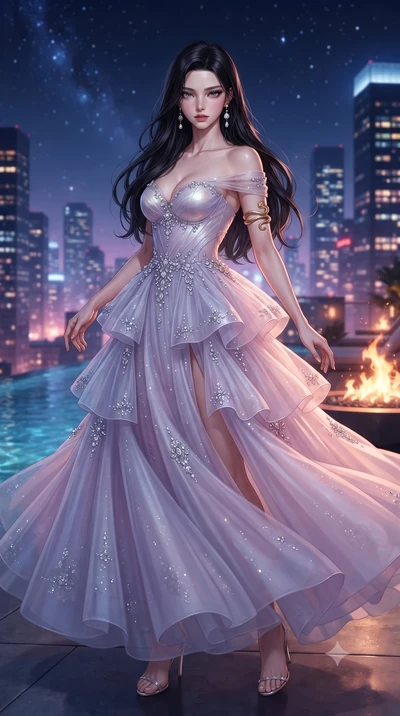 score_9, masterpiece, best quality, ultra-detailed, high-budget anime keyframe, editorial fashion photography, tasteful artistic composition, Korean woman. low angle full-body shot from head to toe showing her feet, filling the entire 9:16 vertical f