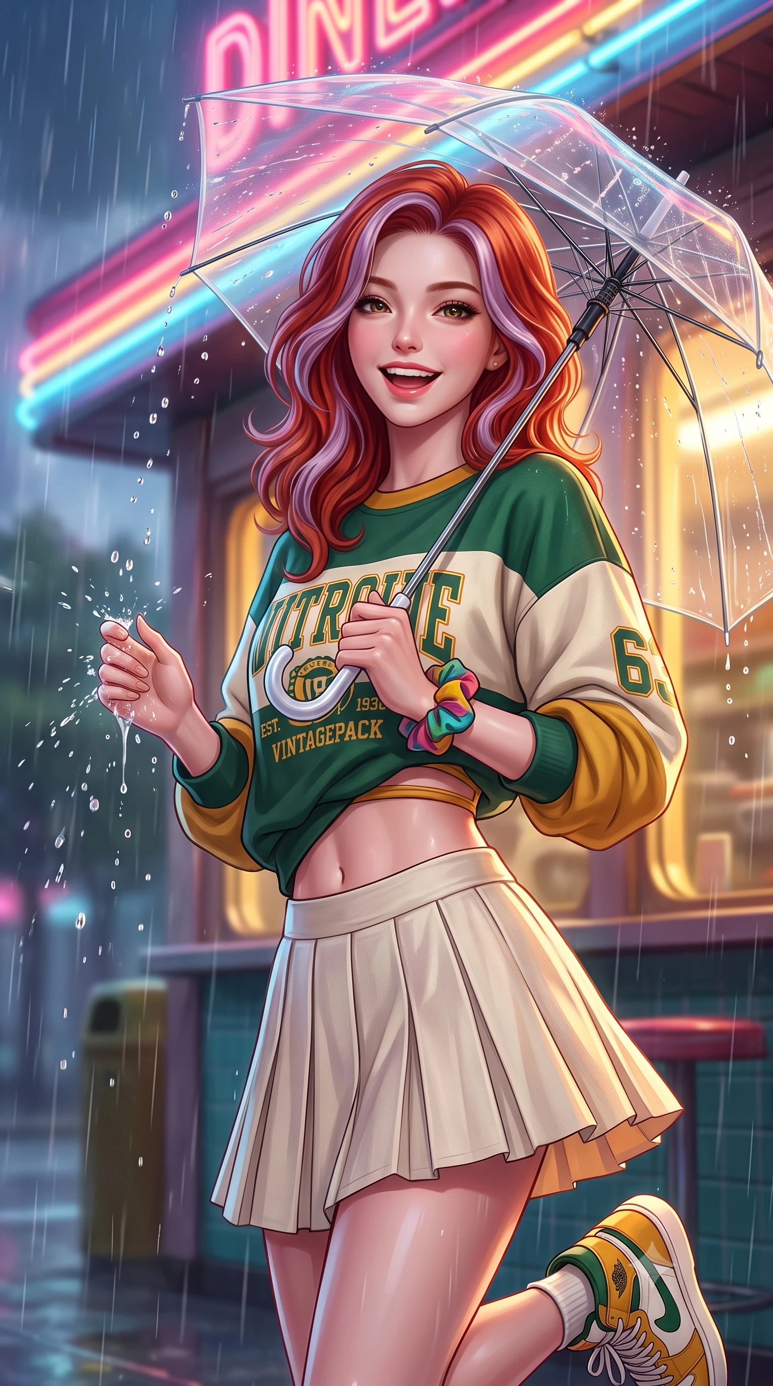 score_9, masterpiece, best quality, ultra-detailed, high-budget anime keyframe, semi-realistic 3D game render, editorial fashion photography, tasteful artistic composition, Caucasian woman. close-up cowboy shot from the waist and thighs up, the character dominates the composition, filling the frame with her large presence. radiating intense magnetic charisma with jewel-like eyes locked onto the viewer, her upper body turning in a dynamic, fluid S-curve while standing under the neon diner awning shaking raindrops from her umbrella with a sweet, radiant laugh. The composition keeps background elements in soft focus with creamy bokeh. splattering raindrops on umbrella plastic and neon glare scattering soft nostalgic light motes. She has an exceptionally elegant, slender, and willowy female figure with an ultra-slim waist, a gracefully sculpted slender torso, toned flat midriff, and a refined slim silhouette. sharp v-shaped jawline, high-bridge nose, intricate jewel-like eyes with depth, thick eyelashes, glossy lips with a natural sheen, captivating and magnetic expression, flawlessly proportioned anatomical accuracy, strict slender model proportions, natural body alignment, perfectly sculpted long slender limbs, ultra-slim waistline, clean dynamic posture without body distortion. wearing a vibrant retro graphic oversized sweatshirt paired with a pleated tennis skirt and chunky sneakers in forest green, cream, and mustard yellow, woven from soft breathable linen that flutters gently with every step, accessorized with a colorful scrunchie on her wrist and classic retro high-top sneakers, the precision-cut daring openings accentuating her delicate midriff, graceful bare collarbones, and ultra-slim feminine waistline. illuminated by warm golden diner window key light sculpting her cheekbones and joyful expression. highly saturated vibrant anime colors, detailed shading with soft gradients, rich glossy textures, high-contrast stereoscopic depth, volumetric dynamic lighting, master piece, 9:16 ratio