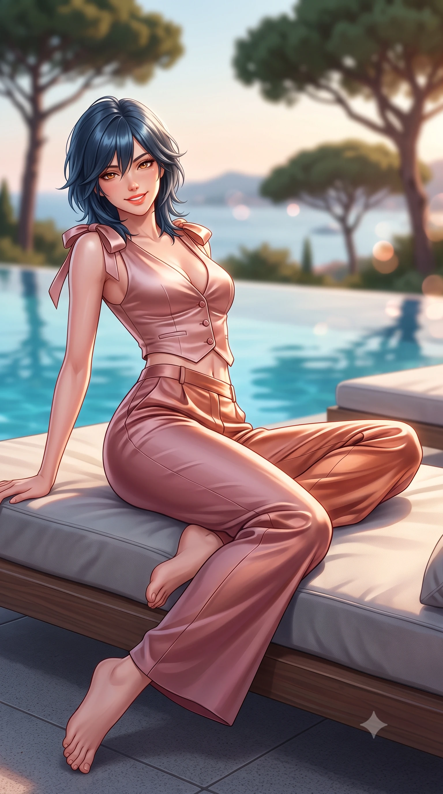 score_9, masterpiece, best quality, ultra-detailed, high-budget anime keyframe, semi-realistic 3D game render, editorial fashion photography, tasteful artistic composition, Caucasian woman. low angle full-body shot from head to toe showing her feet, filling the entire 9:16 vertical frame with her statuesque presence, stretching her vertical silhouette. reclining languidly on her side across the outdoor daybed with one knee drawn up, her radiant smile and arched hip curve commanding the 9:16 vertical frame with youthful sensual charisma while twisting her slender torso in an alluring S-curve beside the infinity pool, warm pine-scented evening breezes catching her silk resort dress. The composition keeps background elements in soft focus with dreamy creamy bokeh. silhouetted umbrella pine canopies and the glistening Saint-Tropez gulf blurred into sage green, rose-gold, and azure bokeh. She has an exceptionally tall and slender model-like 8.5-heads proportion, an ultra-slim waist, a flat toned midriff, narrow delicate ribcage, and beautifully sculpted feminine hips creating a graceful, slim hourglass silhouette without any bulky heaviness, with impossibly long slender legs. sharp v-shaped jawline, high-bridge nose, sparkling amber-hazel eyes with depth, long lush eyelashes, glossy sun-kissed lips with a warm coral glaze, radiant teasing smile with sensual sunlit bedroom-eyes, exuding effortless old-money elegance and intoxicating sun-drenched allure, flawlessly proportioned anatomical accuracy, strict slender model proportions, natural body alignment, perfectly sculpted long slender limbs, ultra-slim waistline, clean dynamic posture without body distortion. wearing a tailored satin resort vest worn closed against bare skin with high-waisted silk palazzo pants cinched at her narrow waist in soft dusty rose and molten copper shimmer, tailored from crisp cotton poplin with clean structural architectural lines, finished with cute satin bow ribbons tying at the shoulders, the liquid-tight tailored fabric clinging flawlessly to her narrow waist and rounded feminine hips, emphasizing every millimeter of her sculpted slim hourglass curves without any bulky heaviness. illuminated by pool bounce light and sharp champagne rim lighting sculpting her razor-sharp jawline, narrow waist, and curvy hips. highly saturated vibrant anime colors, detailed shading with soft gradients, rich glossy textures, high-contrast stereoscopic depth, volumetric dynamic lighting, master piece, 9:16 ratio