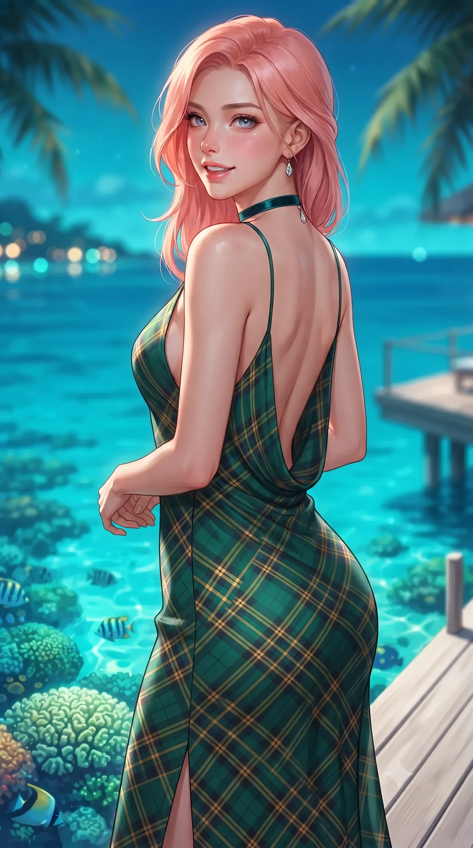score_9, masterpiece, best quality, ultra-detailed, high-budget anime keyframe, editorial fashion photography, tasteful artistic composition, Japanese woman. close-up cowboy shot from the waist and thighs up, the character dominates the composition, filling the frame with her large presence. posing in an alluring rear three-quarter angle, looking over a bare shoulder with parted glossy lips, her hips cocked back to highlight her slim hourglass curve while standing poised on the bleached teak deck cantilevered over vibrant Caribbean coral gardens, arching her lower back with siren charisma as warm tropical trade winds blow. The background shows a soft-focus crystal-clear turquoise Caribbean waters with illuminated brain coral and swimming tropical fish below, distant island lights, blurred into cyan, emerald, and sapphire bokeh. She has an exceptionally elegant, slender, and willowy female figure with an ultra-slim waist, flat toned midriff, narrow ribcage, and sculpted feminine hips creating an alluring, slim hourglass silhouette without bulk. sharp v-shaped jawline, high-bridge nose, intricate jewel-like sparkling eyes with depth, thick eyelashes, glossy parted lips with a natural peach sheen, bright cheerful beaming smile with an enchanting and coquettish sensual glint, exuding both youthful cute charm and seductive allure, flawlessly proportioned anatomical accuracy, strict slender model proportions, natural body alignment, perfectly sculpted long slender limbs, ultra-slim waistline, clean dynamic posture without body distortion. wearing a form-contouring gossamer silk chiffon slip dress with a hip-high slit and open cowl back clinging with dewy moisture in Balmoral royal tartan emerald and gilded brass, woven from buttery-soft stretch lambskin leather adhering to her body like a second skin, finished with a thin velvet ribbon choker and a single teardrop diamond pendant, the precision-cut side openings and low-back scoop framing her graceful spine and the sensual sweep of her slim, toned hips. illuminated by water caustics bounce and sharp platinum-cyan rim lights sculpting her jawline, narrow waist, and curvy hips. ultra-reflective glossy finish, specular highlights, rich textural contrasts, high-contrast stereoscopic depth, volumetric dynamic lighting, 2k, ultra detail, master piece, 9:16 ratio