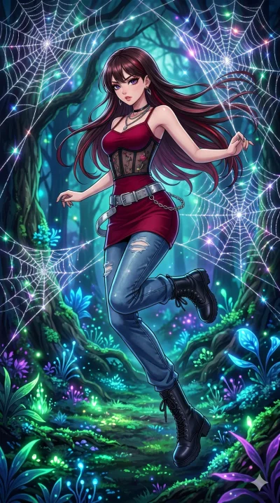 score_9, masterpiece, best quality, ultra-detailed, High-budget Anime Keyframe, beautiful Japanese anime girl. Low angle cowboy shot filling the entire 9:16 frame with her statuesque presence. Leaping through a giant spiderweb made of silver silk in 