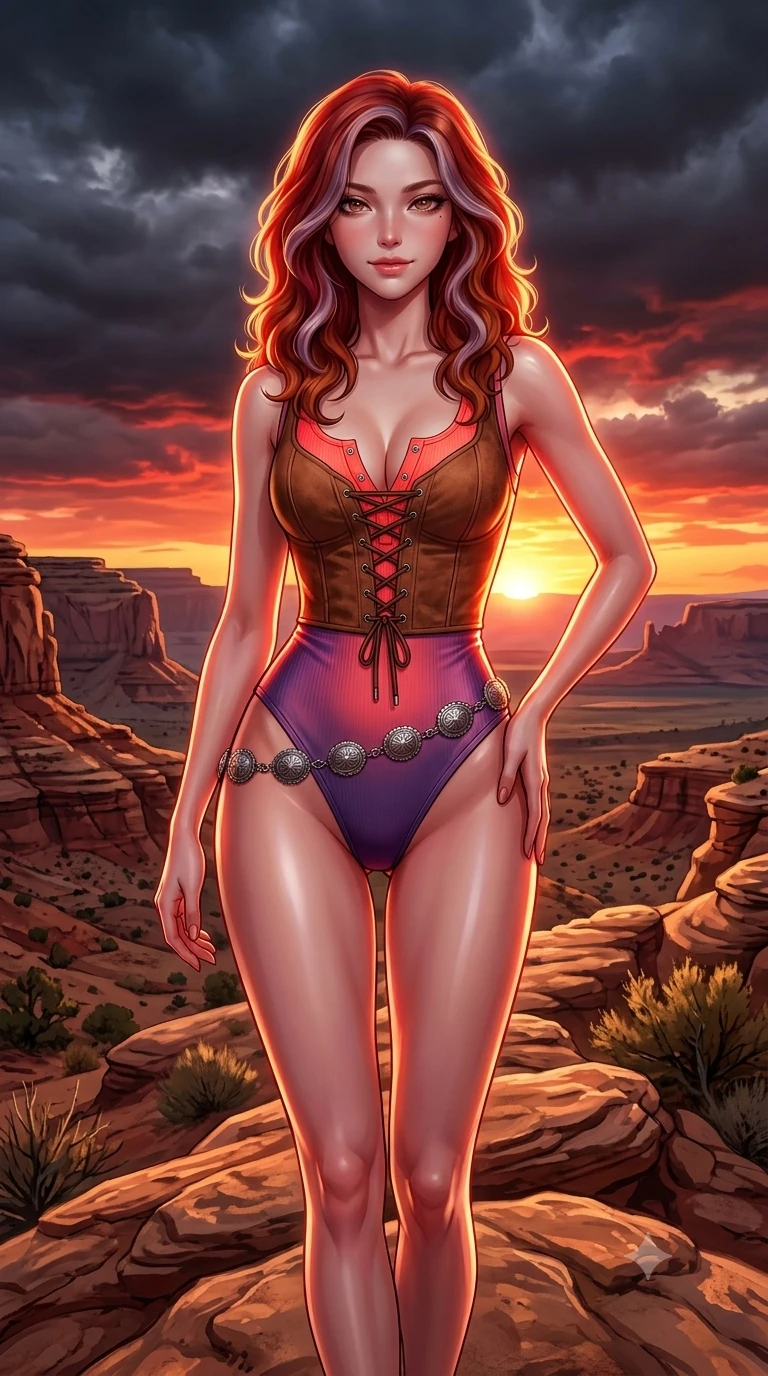 score_9, masterpiece, best quality, ultra-detailed, high-budget anime keyframe, semi-realistic 3D game render, editorial fashion photography, tasteful artistic composition, Caucasian woman. close-up cowboy shot from the waist and thighs up, the character dominates the composition, filling the frame with her large presence. arching her spine backward with effortless dancer poise, one hand sliding along her hip line as directional light carves specular highlights along her silhouette while walking slowly along the natural sandstone ridge with hypnotic grace, hips swaying in an alluring sensual rhythm that accentuates her curvy hourglass silhouette. The surrounding environment is rendered in vivid detail and crisp panoramic clarity: detailed plunging lace-up suede bustier tailoring, silver concho waist chain, and epic desert wilderness in razor-sharp precision. She has an exceptionally elegant, slender, and willowy female figure with an ultra-slim waist, flat toned midriff, narrow ribcage, and sculpted feminine hips creating an alluring, slim hourglass silhouette without bulk. sharp v-shaped jawline, high-bridge nose, sparkling eyes with hypnotic seductive depth, thick curled eyelashes, glossy parted lips with a natural dewy peach sheen, alluring bedroom-eyes with an enchanting coquettish smile, exuding magnetic siren charisma and sophisticated glamour, flawlessly proportioned anatomical accuracy, strict slender model proportions, natural body alignment, perfectly sculpted long slender limbs, ultra-slim waistline, clean dynamic posture without body distortion. wearing a body-hugging ribbed stretch cotton henley tank bodysuit with deep scoop neck and snap closures in blazing neon coral and desert twilight violet, tailored from smooth liquid silk satin that adheres flawlessly over her curves with a dewy sheen, accented with a silver concho belly chain resting across her flat midriff and curving hips, the form-contouring cut accentuating her sculpted flat midriff, narrow delicate ribcage, and gracefully curvy hips with intoxicating allure. bathed in the dramatic, rich crimson and molten-gold illumination of the setting sun piercing beneath dark storm clouds. highly saturated vibrant anime colors, detailed shading with soft gradients, rich glossy textures, high-contrast stereoscopic depth, volumetric dynamic lighting, master piece, 9:16 ratio