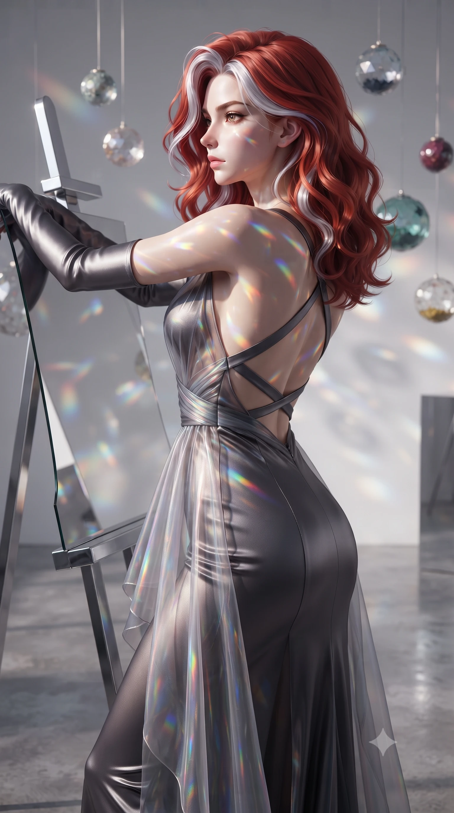 score_9, masterpiece, best quality, ultra-detailed, high-budget anime keyframe, editorial fashion photography, tasteful artistic composition, Caucasian woman. close-up cowboy shot from the waist and thighs up, the character dominates the composition, filling the frame with her large presence, background elements kept in soft focus. Turning her face in sharp dramatic profile against the bright light, showcasing her sharp v-shaped jawline leaning against a mirrored easel surrounded by suspended pigment spheres, a kaleidoscope of refractions forming geometric light patterns on her skin. She has an exceptionally elegant, slender, and willowy female figure with an ultra-slim waist, a gracefully sculpted slender torso, and a refined silhouette. sharp v-shaped jawline, high-bridge nose, intricate jewel-like eyes with depth, thick eyelashes, glossy lips with a natural sheen. wearing a translucent iridescent chiffon gown with a plunging neckline and open back in charcoal grey and platinum, crafted from lustrous satin jersey with fluid draping, complemented by criss-cross back straps highlighting her bare shoulders, the glove-like fit emphasizing her statuesque silhouette. drenched in bright white key light with colorful prismatic rim lighting. highly saturated vibrant anime colors, detailed shading with soft gradients, rich glossy textures, high-contrast stereoscopic depth, volumetric dynamic lighting, master piece, 9:16 ratio