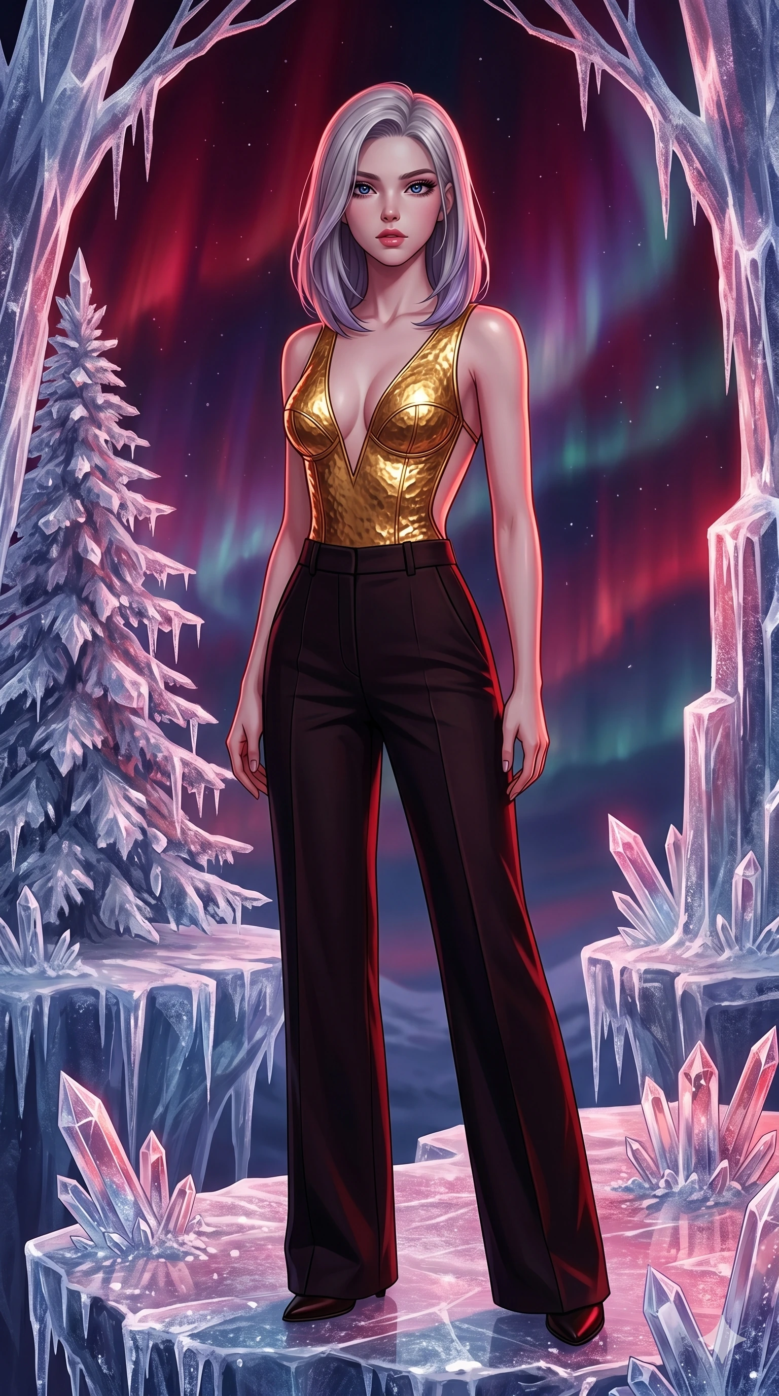 score_9, masterpiece, best quality, ultra-detailed, high-budget anime keyframe, editorial fashion photography, tasteful artistic composition, Caucasian woman, strictly human ears. cowboy shot from the thighs up, character and outfit filling the frame for maximum editorial presence. Tilting her chin up slightly with lips parted in a composed expression within a dreamlike floating winter kingdom with frozen crystal trees and aurora skies. She has an absolutely perfect 8-heads proportion, an exceptionally tall and slender female figure with impossibly long slender legs and an ultra-slim waist. V-shaped jawline, high-bridge nose, intricate jewel-like eyes with depth, thick eyelashes, glossy lips with a natural sheen. wearing a sleeveless deep-V bodysuit in hammered gold with sculptural bust seaming and a bold open-back design descending to the lower back, paired with sharply tailored high-waist wide-leg trousers. drenched in deep crimson theatrical lighting with sharp specular highlights on every curve. 2k, ultra detail, master piece, 9:16 ratio