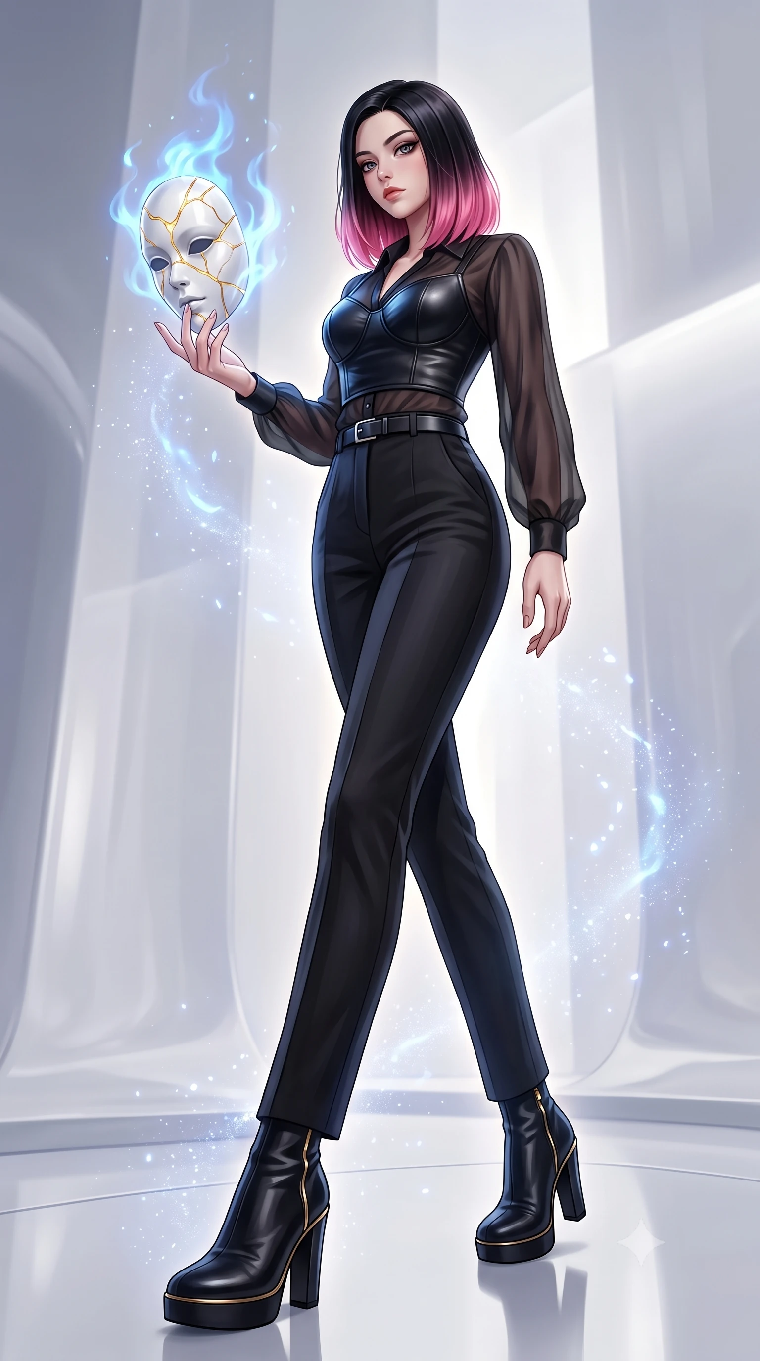 score_9, masterpiece, best quality, ultra-detailed, high-budget anime keyframe, editorial fashion photography, tasteful artistic composition, Korean woman. low angle full-body shot from head to toe showing her feet, filling the entire 9:16 vertical frame with her statuesque presence, stretching her vertical silhouette. stepping forward with proud posture, filling the vertical frame with her magnetic presence touching a floating porcelain doll mask repaired with radiant gold kintsugi lines, soft sapphire alchemy flames dancing around white bisque porcelain. She has an absolutely perfect, statuesque 8.5-heads proportion, an exceptionally tall and slender model-like female figure with impossibly long slender legs and an ultra-slim waist. sharp v-shaped jawline, high-bridge nose, intricate jewel-like eyes with depth, thick eyelashes, glossy lips with a natural sheen. wearing a tailored leather bustier over a sheer silk chiffon blouse with tailored slacks, the sleek second-skin texture accentuating her magnetic presence. surrounded by a majestic inner radiance highlighting glossy white porcelain. highly saturated vibrant anime colors, detailed shading with soft gradients, rich glossy textures, high-contrast stereoscopic depth, volumetric dynamic lighting, master piece, 9:16 ratio