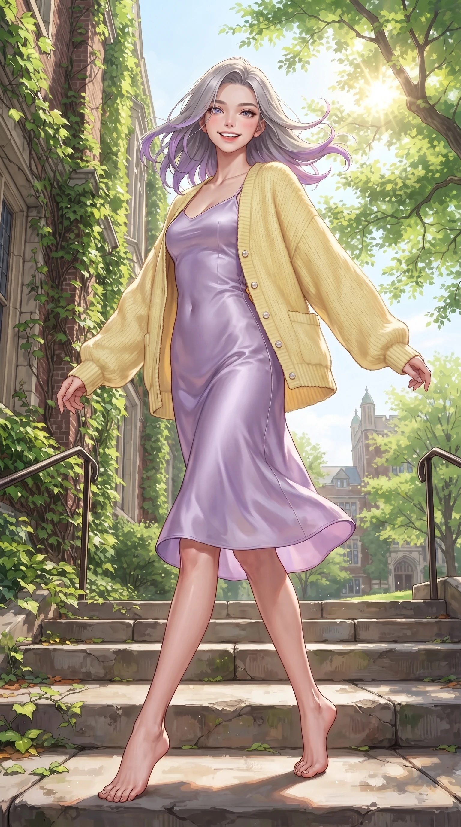 score_9, masterpiece, best quality, ultra-detailed, high-budget anime keyframe, editorial fashion photography, tasteful artistic composition, Caucasian woman. low angle full-body shot from head to toe showing her feet, filling the entire 9:16 vertical frame with her statuesque presence, stretching her vertical silhouette. pivoting dynamically with a fresh infectious smile, her ultra-slim waist creating a sweeping fluid curve while pivoting dynamically on the stone steps of an ivy-draped academic hall with a radiant girlhood smile. The surrounding environment is rendered in vivid detail and crisp panoramic clarity. bright spring sunbeams illuminating campus stone steps and oak trees with environmental clarity. She has an absolutely perfect, statuesque 8.5-heads proportion, an exceptionally tall and slender model-like female figure with impossibly long slender legs and an ultra-slim waist. sharp v-shaped jawline, high-bridge nose, intricate jewel-like eyes with depth, thick eyelashes, glossy lips with a natural sheen, flawlessly proportioned anatomical accuracy, natural body alignment, perfectly sculpted elegant limbs, clean dynamic posture without body distortion. wearing a graceful lavender satin slip dress layered under a loose soft white knit cardigan in soft lemon yellow and lavender violet, tailored from crisp cotton poplin, finished with subtle ruffle trims and delicate pearl buttons, the relaxed yet flattering fit accentuating her naturally graceful and slender figure. bathed in brilliant sunny morning light filtering through tree canopies. ultra-reflective glossy finish, specular highlights, metallic sheen, high-contrast stereoscopic depth, volumetric dynamic lighting, 2k, ultra detail, master piece, 9:16 ratio