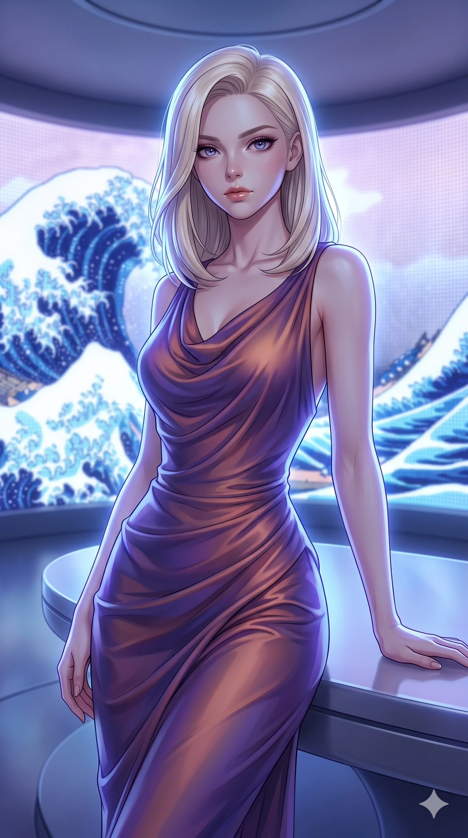 score_9, masterpiece, best quality, ultra-detailed, high-budget anime keyframe, editorial fashion photography, tasteful artistic composition, Caucasian woman, strictly human ears. close-up cowboy shot from the waist and thighs up, the character dominates the composition, filling the frame with her large presence, background elements kept in soft focus. Resting one arm elegantly against a surface with a poised relaxed stance. set against a soft-focus background of inside a circular room where a massive rendition of Hokusai's Great Wave is rendered in luminous digital pixels that crash reform and cycle endlessly around the curved walls in perpetual motion. She has an exceptionally elegant and slender, willowy female figure with an ultra-slim waist, a gracefully sculpted slender torso, and a refined slim physique. sharp v-shaped jawline, high-bridge nose, intricate jewel-like eyes with depth, thick eyelashes, glossy lips with a natural sheen. wearing a draped jersey dress in a shifting violet and copper gradient, the fluid fabric clinging to her slender hips and waist with every motion. cool ethereal blue-violet bioluminescent glow wrapping around her from all sides. 2k, ultra detail, master piece, 9:16 ratio