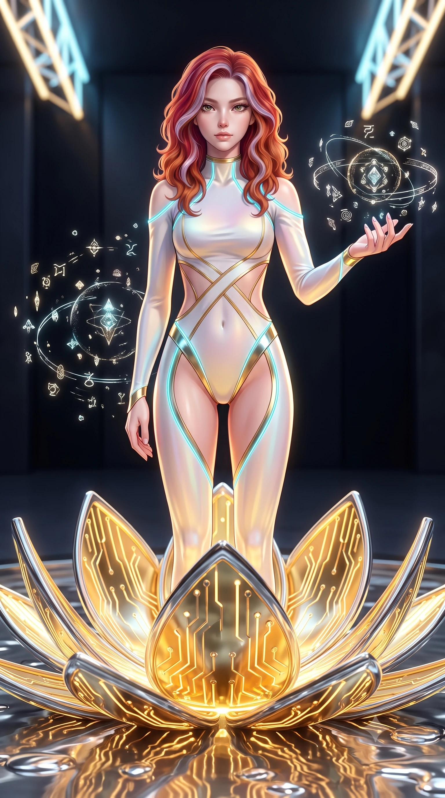 score_9, masterpiece, best quality, ultra-detailed, high-budget anime keyframe, semi-realistic 3D game render, editorial fashion photography, tasteful artistic composition, Caucasian woman. close-up cowboy shot from the waist and thighs up, the character dominates the composition, filling the frame with her large presence. extending one arm gracefully as floating holographic glyphs and nano-crystals orbit her fingertips with sovereign power while standing with sovereign poise atop a gigantic glowing gold and chrome circuit lotus floating in a pool of liquid mercury. The composition keeps background elements in soft focus with creamy bokeh. monolithic obsidian sanctuary walls and neon ceiling trusses softened in luminous shallow focus. She has an exceptionally elegant, slender, and willowy female figure with an ultra-slim waist, a gracefully sculpted slender torso, toned flat midriff, and a refined slim silhouette. sharp v-shaped jawline, high-bridge nose, intricate jewel-like eyes with depth, thick eyelashes, glossy lips with a natural sheen, flawlessly proportioned anatomical accuracy, strict slender model proportions, natural body alignment, perfectly sculpted long slender limbs, ultra-slim waistline, clean dynamic posture without body distortion. wearing a second-skin white-and-gold high-fashion tech-bodysuit with diagonal midriff cutouts and glowing cyan fiber seams in polished mirror chrome and glowing electric cyan neon, made of smooth flowing silk chiffon that shifts colors with movement, accented with glowing fiber-optic seams tracing her collarbones and hip curves, the liquid-tight tailored fabric emphasizing every curve of her tall, slender model proportions and sculptured silhouette during dynamic movement. bathed in warm golden circuit lotus uplights and glittering liquid mercury caustics. rich saturated anime colors with glowing neon highlights, detailed shading with soft gradients, rich glossy textures, high-contrast stereoscopic depth, volumetric dynamic lighting, master piece, 9:16 ratio