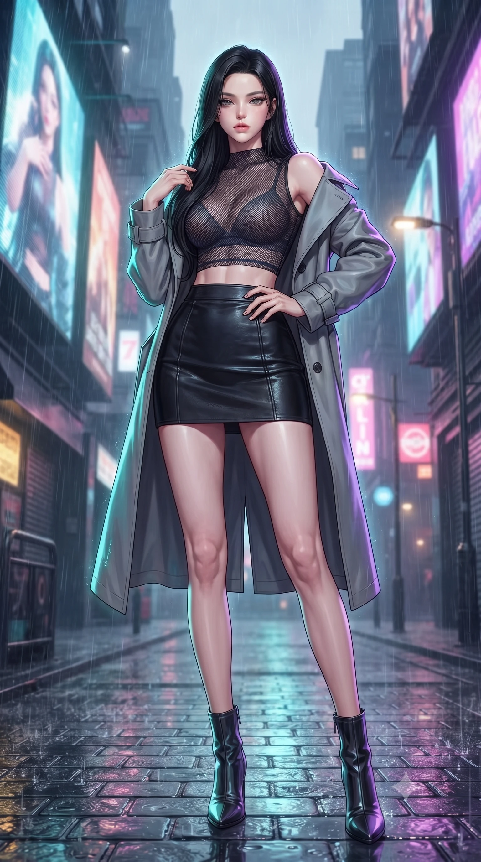 score_9, masterpiece, best quality, ultra-detailed, high-budget anime keyframe, editorial fashion photography, tasteful artistic composition, Korean woman. low angle full-body shot from head to toe showing her feet, filling the entire 9:16 vertical frame with her statuesque presence, stretching her vertical silhouette. posing confidently with one hand on her hip, stretching her statuesque body to emphasize her curves the background shows a soft-focus a rain-swept cyber alleyway beneath massive holographic billboard projections. She has an absolutely perfect, statuesque 8.5-heads proportion, an exceptionally tall and slender model-like female figure with impossibly long slender legs and an ultra-slim waist. sharp v-shaped jawline, high-bridge nose, intricate jewel-like eyes with depth, thick eyelashes, glossy lips with a natural sheen. wearing a body-hugging semi-opaque dark mesh crop top paired with a mini skirt, layered with a tailored light trench coat. shimmering turquoise and electric violet glow wrapping her statuesque figure. ultra-reflective glossy finish, specular highlights, metallic sheen, high-contrast stereoscopic depth, volumetric dynamic lighting, 2k, ultra detail, master piece, 9:16 ratio