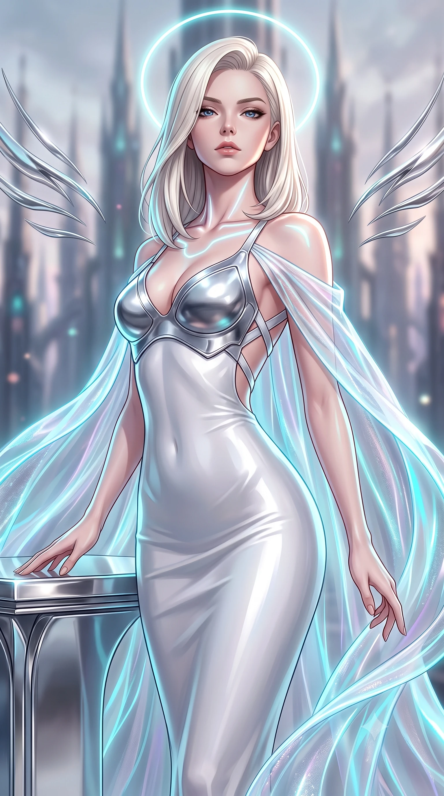 score_9, masterpiece, best quality, ultra-detailed, high-budget anime keyframe, semi-realistic 3D game render, editorial fashion photography, tasteful artistic composition, Caucasian woman. close-up cowboy shot from the waist and thighs up, the character dominates the composition, filling the frame with her large presence. tilting her head back with serene regal elegance, her sharp jawline and sculpted collarbones highlighted by glowing neon halo reflections while resting one hand along a mirror-finished chrome altar with a serene, sovereign gaze looking directly into the lens. The composition keeps background elements in soft focus with creamy bokeh. floating chrome wing filaments and distant cyber-cathedral spires softened in ethereal shallow depth of field. She has an exceptionally elegant, slender, and willowy female figure with an ultra-slim waist, a gracefully sculpted slender torso, toned flat midriff, and a refined slim silhouette. sharp v-shaped jawline, high-bridge nose, intricate jewel-like eyes with depth, thick eyelashes, glossy lips with a natural sheen, flawlessly proportioned anatomical accuracy, strict slender model proportions, natural body alignment, perfectly sculpted long slender limbs, ultra-slim waistline, clean dynamic posture without body distortion. wearing a form-contouring white liquid-mercury gown with polished silver biomechanical breastplate and flowing luminescent chiffon cape in polished mirror chrome and glowing electric cyan neon, crafted from delicate iridescent organza interwoven with luminescent micro-fibers, complemented by criss-cross back straps highlighting her completely bare spine, the sleek second-skin cut tightly hugging her graceful clavicle, narrow waist, and feminine curves with athletic precision. surrounded by a majestic, sacred, and breathtakingly futuristic cyber-deity atmosphere. rich saturated anime colors with glowing neon highlights, detailed shading with soft gradients, rich glossy textures, high-contrast stereoscopic depth, volumetric dynamic lighting, master piece, 9:16 ratio