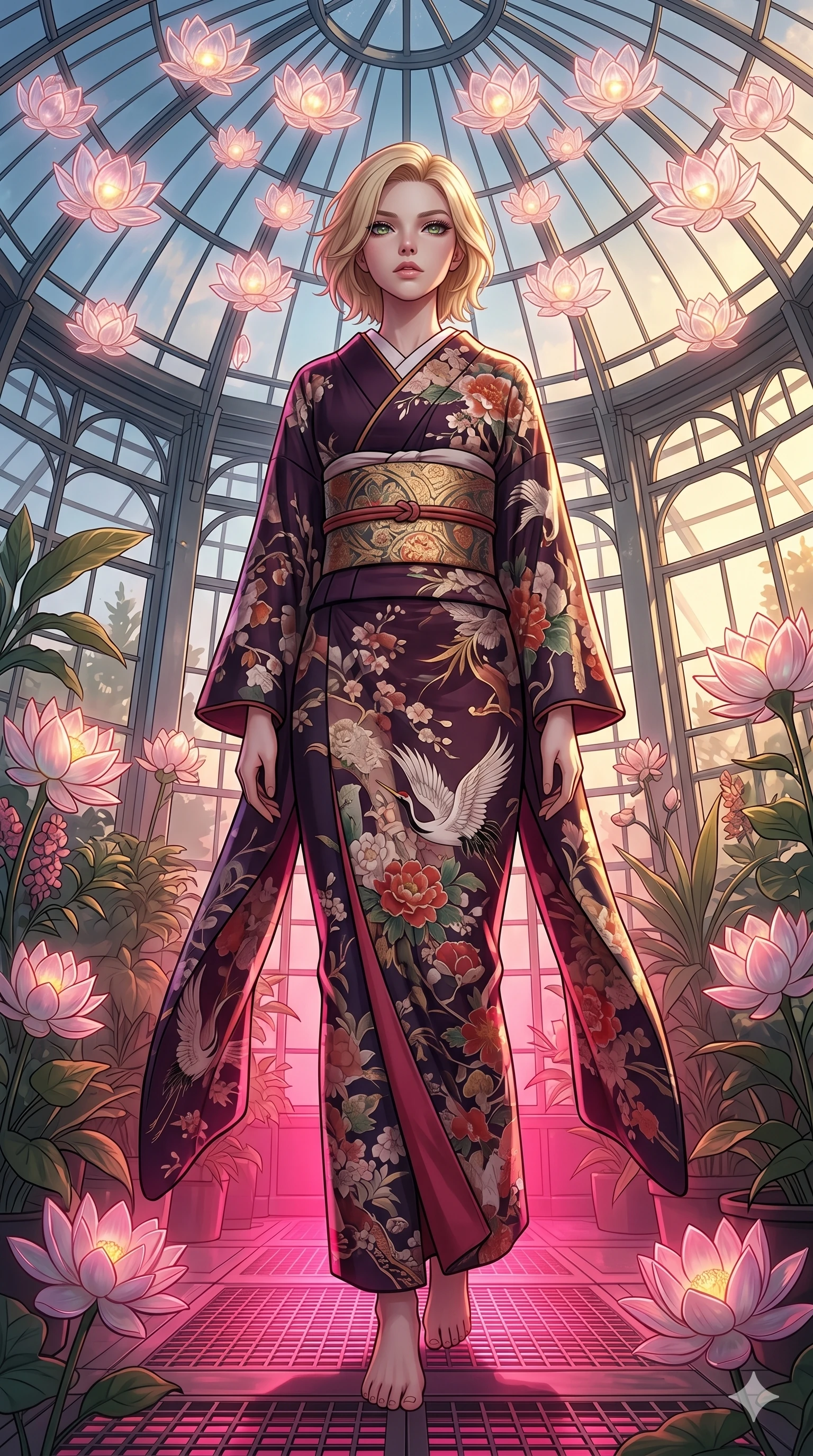 score_9, masterpiece, best quality, ultra-detailed, high-budget anime keyframe, editorial fashion photography, tasteful artistic composition, Caucasian woman, strictly human ears. low angle full-body shot from head to toe showing her feet, filling the entire 9:16 vertical frame with her statuesque presence, stretching her vertical silhouette. gazing past the camera with an air of effortless superiority inside a botanical greenhouse under a dome of floating glass lotus blossoms (Code-P18-006). She has an absolutely perfect 8-heads proportion, an exceptionally tall and slender female figure with impossibly long slender legs and an ultra-slim waist. V-shaped jawline, high-bridge nose, intricate jewel-like eyes with depth, thick eyelashes, glossy lips with a natural sheen. wearing a traditional wrap kimono dress with a wide obi belt and long elegant sleeves. bathed in a dramatic contrast of hot pink furnace glow from below and cool golden light from above. 2k, ultra detail, master piece, 9:16 ratio