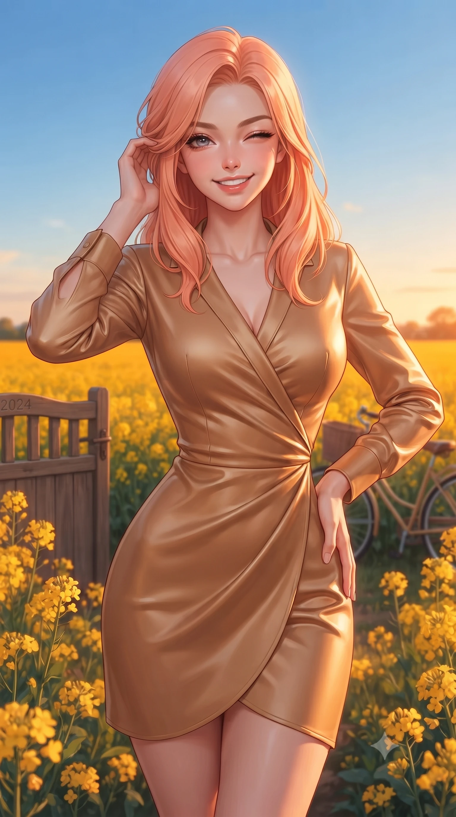 score_9, masterpiece, best quality, ultra-detailed, high-budget anime keyframe, editorial fashion photography, tasteful artistic composition, Japanese woman. close-up cowboy shot from the waist and thighs up, the character dominates the composition, filling the frame with her large presence, background elements kept in soft focus. smiling brightly with a cheerful expression, winking playfully at the viewer set against a soft-focus background of in a vast field of bright yellow canola flowers under a clear blue sky with a wooden garden gate and a vintage bicycle in the background. She has an exceptionally elegant, slender, and willowy female figure with an ultra-slim waist, a gracefully sculpted slender torso, and a refined silhouette. sharp v-shaped jawline, high-bridge nose, intricate jewel-like eyes with depth, thick eyelashes, glossy lips with a natural sheen. wearing tailored form-contouring silk wrap dress in camel, outlining her slender waist. golden hour sunset light casting a warm, romantic orange glow over the field. ultra-reflective glossy finish, specular highlights, metallic sheen, high-contrast stereoscopic depth, volumetric dynamic lighting, 2k, ultra detail, master piece, 9:16 ratio