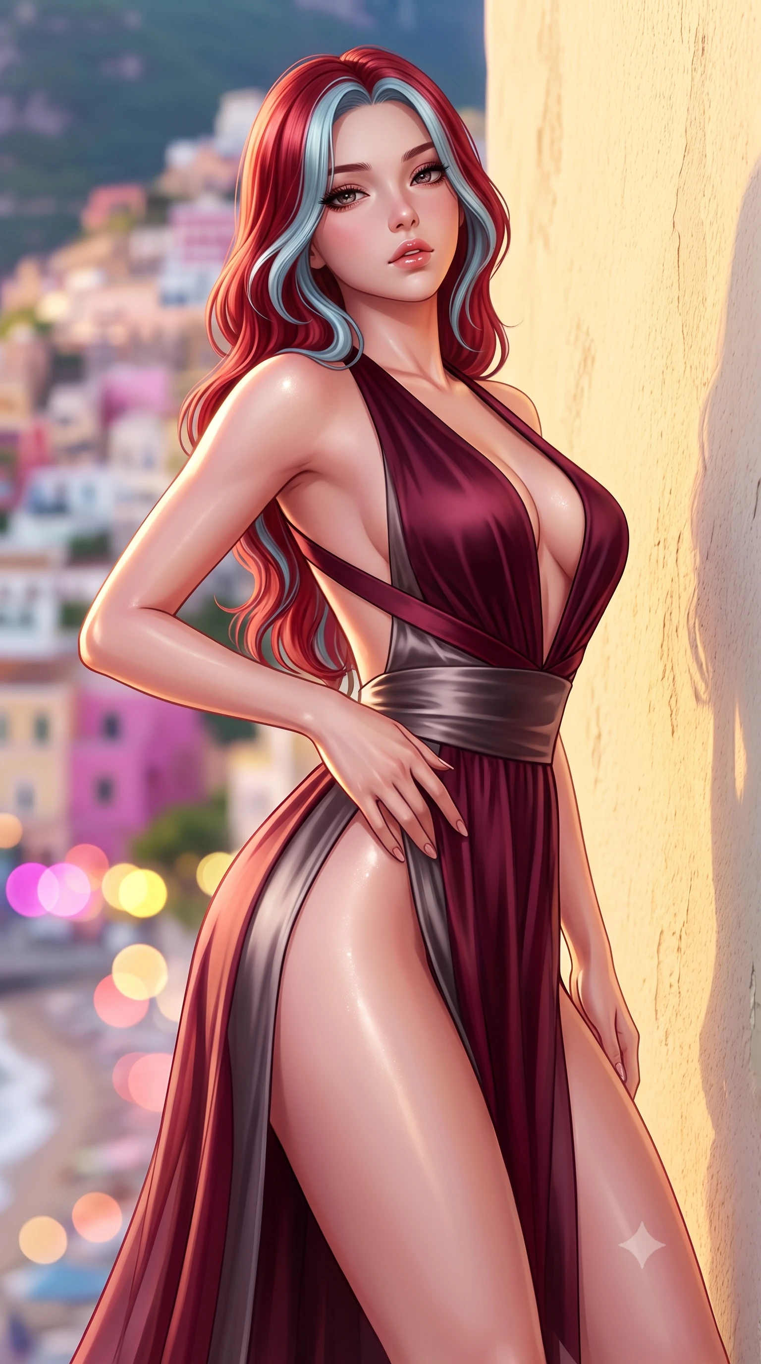score_9, masterpiece, best quality, ultra-detailed, high-budget anime keyframe, semi-realistic 3D game render, editorial fashion photography, tasteful artistic composition, Caucasian woman. close-up cowboy shot from the waist and thighs up, the character dominates the composition, filling the frame with her large presence. arching her spine backward with effortless dancer poise, one hand sliding along her hip line as directional light carves specular highlights along her silhouette while standing poised against the pastel-yellow cliffside villa wall, twisting her slender torso in an alluring contrapposto stance in the evening breeze. The composition keeps background elements in soft focus with creamy bokeh. cascading pastel cliffside houses and glittering beach cove lights blurred into magenta, peach, and lemon-yellow bokeh. She has an exceptionally elegant, slender, and willowy female figure with an ultra-slim waist, flat toned midriff, narrow ribcage, and sculpted feminine hips creating an alluring, slim hourglass silhouette without bulk. sharp v-shaped jawline, high-bridge nose, intricate jewel-like eyes with depth, thick eyelashes, glossy parted lips with a natural sheen, intensely captivating and seductive bedroom-eyes expression, flawlessly proportioned anatomical accuracy, strict slender model proportions, natural body alignment, perfectly sculpted long slender limbs, ultra-slim waistline, clean dynamic posture without body distortion. wearing a plunging-V neckline duchess satin gown with high side slits ascending to the high hip in deep wine burgundy and brushed dark platinum, woven from layered gossamer chiffon with a weightless sweeping drape, finished with criss-cross back satin straps highlighting her graceful shoulder blades, the form-contouring material adhering flawlessly to her sculpted flat midriff and slender torso, emphasizing her long leg lines and perfectly proportioned willowy build. illuminated by glowing specular sun glints defining her sculpted collarbones, narrow waist, and curvy hips. highly saturated vibrant anime colors, detailed shading with soft gradients, rich glossy textures, high-contrast stereoscopic depth, volumetric dynamic lighting, master piece, 9:16 ratio