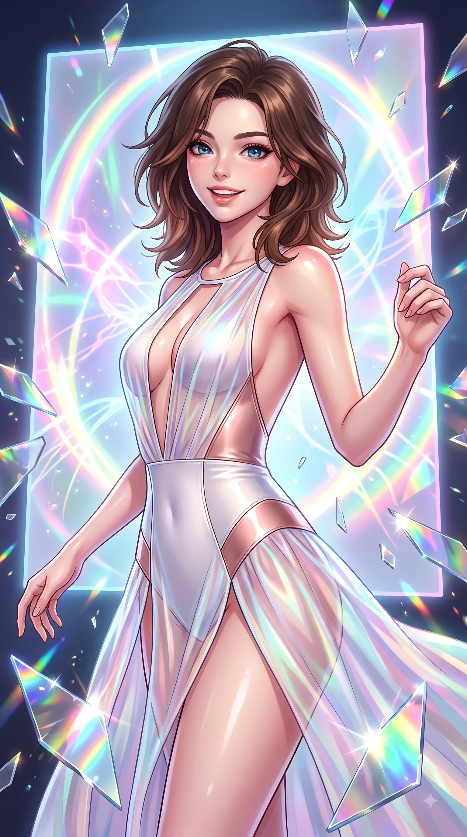 score_9, masterpiece, best quality, ultra-detailed, high-budget anime keyframe, editorial fashion photography, tasteful artistic composition, Korean woman. close-up cowboy shot from the waist and thighs up, the character dominates the composition, filling the frame with her large presence, background elements kept in soft focus. Cheerful beaming smile with parted lips, exuding pure enchanting charm while turning dynamically toward the camera while poised in a playful stance before a giant holographic canvas emitting luminous color arcs, shattered mirror shards scattering brilliant rainbow reflections and happy energy everywhere. She has an exceptionally elegant, slender, and willowy female figure with an ultra-slim waist, a gracefully sculpted slender torso, and a refined silhouette. sharp v-shaped jawline, high-bridge nose, intricate jewel-like eyes with depth, thick eyelashes, glossy lips with a natural sheen, flawlessly proportioned anatomical accuracy, natural body alignment, perfectly sculpted elegant limbs, clean dynamic posture without body distortion. wearing a translucent iridescent chiffon gown with a plunging neckline and open back in pearl white and rose gold, formed from sleek second-skin neoprene, accented with a Tasteful chest slit framing her clavicle gracefully, the elegant draped fit framing her graceful clavicle and slender torso. bathed in high-contrast vibrant studio lighting with sharp cheerful specular highlights. highly saturated vibrant anime colors, detailed shading with soft gradients, rich glossy textures, high-contrast stereoscopic depth, volumetric dynamic lighting, master piece, 9:16 ratio