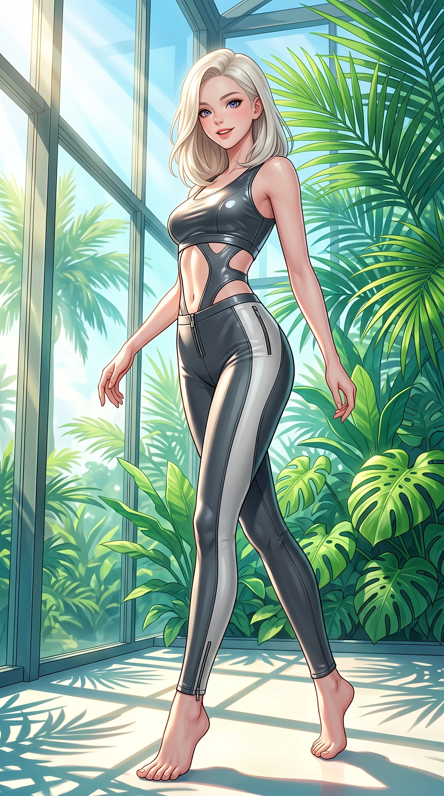 score_9, masterpiece, best quality, ultra-detailed, high-budget anime keyframe, editorial fashion photography, tasteful artistic composition, Caucasian woman. low angle full-body shot from head to toe showing her feet, filling the entire 9:16 vertical frame with her statuesque presence, stretching her vertical silhouette. pivoting dynamically in mid-motion with a delighted cute expression, displaying her perfect model proportions while resting near a sunlit glass wall as tropical sunbeams highlight her fresh youthful figure, rich emerald, jade, and lime green plant textures framing her youthful posture. She has an absolutely perfect, statuesque 8.5-heads proportion, an exceptionally tall and slender model-like female figure with impossibly long slender legs and an ultra-slim waist. sharp v-shaped jawline, high-bridge nose, intricate jewel-like eyes with depth, thick eyelashes, glossy lips with a natural sheen, flawlessly proportioned anatomical accuracy, natural body alignment, perfectly sculpted elegant limbs, clean dynamic posture without body distortion. wearing a glossy vinyl crop top and high-waist tailored leggings with sleek zippers in charcoal grey and platinum, formed from sleek second-skin neoprene, featuring clean architectural cutouts along her slender torso, the tailored fabric tightly following every curve of her athletic build. surrounded by a bright, airy, and refreshing tropical garden atmosphere. highly saturated vibrant anime colors, detailed shading with soft gradients, rich glossy textures, high-contrast stereoscopic depth, volumetric dynamic lighting, master piece, 9:16 ratio