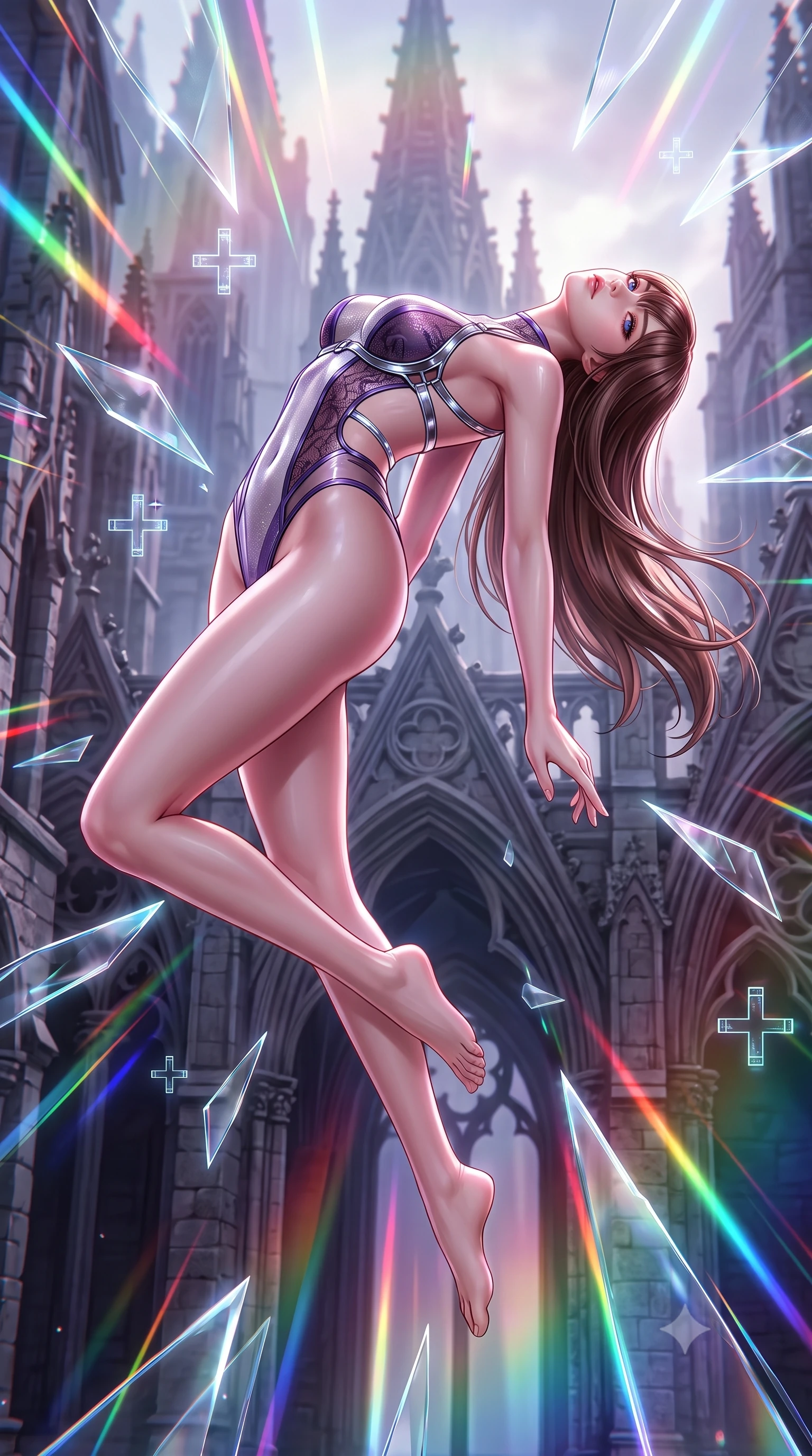 score_9, masterpiece, best quality, ultra-detailed, high-budget anime keyframe, semi-realistic 3D game render, editorial fashion photography, tasteful artistic composition, Korean woman. low angle full-body shot from head to toe showing her feet, filling the entire 9:16 vertical frame with her statuesque presence, stretching her vertical silhouette. arching her back in a fluid zero-gravity turn with sovereign grace, her long slender legs and sculpted torso creating a sweeping line while arching her spine in a dynamic mid-air vault framed by floating digital cross symbols and glowing glass fragments. The surrounding environment is rendered in vivid detail and crisp panoramic clarity. intricate gothic stone archways, razor-sharp glowing glass shard facets, and digital holograms in deep focus. She has an absolutely perfect, statuesque 8.5-heads proportion, an exceptionally tall and slender model-like female figure with impossibly long slender legs and an ultra-slim waist. sharp v-shaped jawline, high-bridge nose, intricate jewel-like eyes with depth, thick eyelashes, glossy lips with a natural sheen, flawlessly proportioned anatomical accuracy, natural body alignment, perfectly sculpted elegant limbs, clean dynamic posture without body distortion. wearing a high-cut translucent vinyl leotard with front paneling, exposed side-rib cutouts, and an open back in dark amethyst purple and shimmering starlight silver, crafted from delicate dark lace interwoven with luminescent micro-fibers, reinforced by a sleek metallic chrome harness and delicate glowing micro-straps, the liquid-tight fabric adhering flawlessly to her sculpted torso and slender silhouette. backlit by intense multi-colored neon light rays and volumetric dawn light filtering through fog. highly saturated vibrant anime colors, detailed shading with soft gradients, rich glossy textures, high-contrast stereoscopic depth, volumetric dynamic lighting, master piece, 9:16 ratio