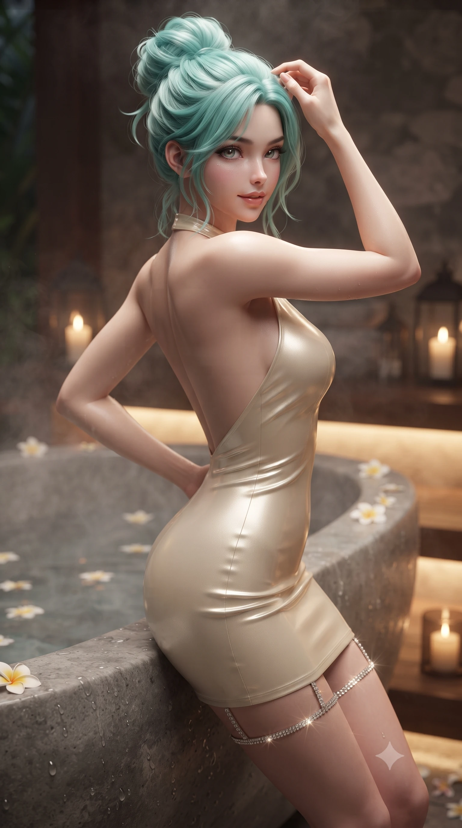 score_9, masterpiece, best quality, ultra-detailed, high-budget anime keyframe, editorial fashion photography, tasteful artistic composition, Japanese woman. close-up cowboy shot from the waist and thighs up, the character dominates the composition, filling the frame with her large presence. twisting her slender torso in an alluring contrapposto stance, one hand resting on her sculpted hip while her fingers toy with her hair with effortless poise while leaning back against the smooth stone tub rim with hips cocked back, looking over a bare shoulder through tropical steam with an intoxicating bedroom-gaze. The surrounding environment is rendered in vivid detail and crisp panoramic clarity: sharp hand-carved river stone tub contours, frangipani flower petal textures, and water droplets sliding down skin in deep focus. She has an exceptionally elegant, slender, and willowy female figure with an ultra-slim waist, flat toned midriff, narrow ribcage, and sculpted feminine hips creating an alluring, slim hourglass silhouette without bulk. sharp v-shaped jawline, high-bridge nose, sparkling eyes with hypnotic seductive depth, thick curled eyelashes, glossy parted lips with a natural dewy peach sheen, alluring bedroom-eyes with an enchanting coquettish smile, exuding magnetic siren charisma and sophisticated glamour, flawlessly proportioned anatomical accuracy, strict slender model proportions, natural body alignment, perfectly sculpted long slender limbs, ultra-slim waistline, clean dynamic posture without body distortion. wearing a backless halterneck column mini dress in shimmering liquid vinyl clinging like a second skin in pure alabaster with golden sheen, tailored from fine structural neoprene with crisp architectural edges and smooth contouring, finished with delicate crystal-encrusted thigh garter straps glinting in the dim light, the liquid-tight tailored fabric clinging flawlessly to her narrow waist and rounded feminine hips, emphasizing every millimeter of her sculpted slim hourglass curves without any bulky heaviness. bathed in soft 2400K concealed warm LED cove lighting glowing beneath the ironwood platform mixed with candle lanterns. ultra-reflective glossy finish, specular highlights, rich textural contrasts, high-contrast stereoscopic depth, volumetric dynamic lighting, 2k, ultra detail, master piece, 9:16 ratio