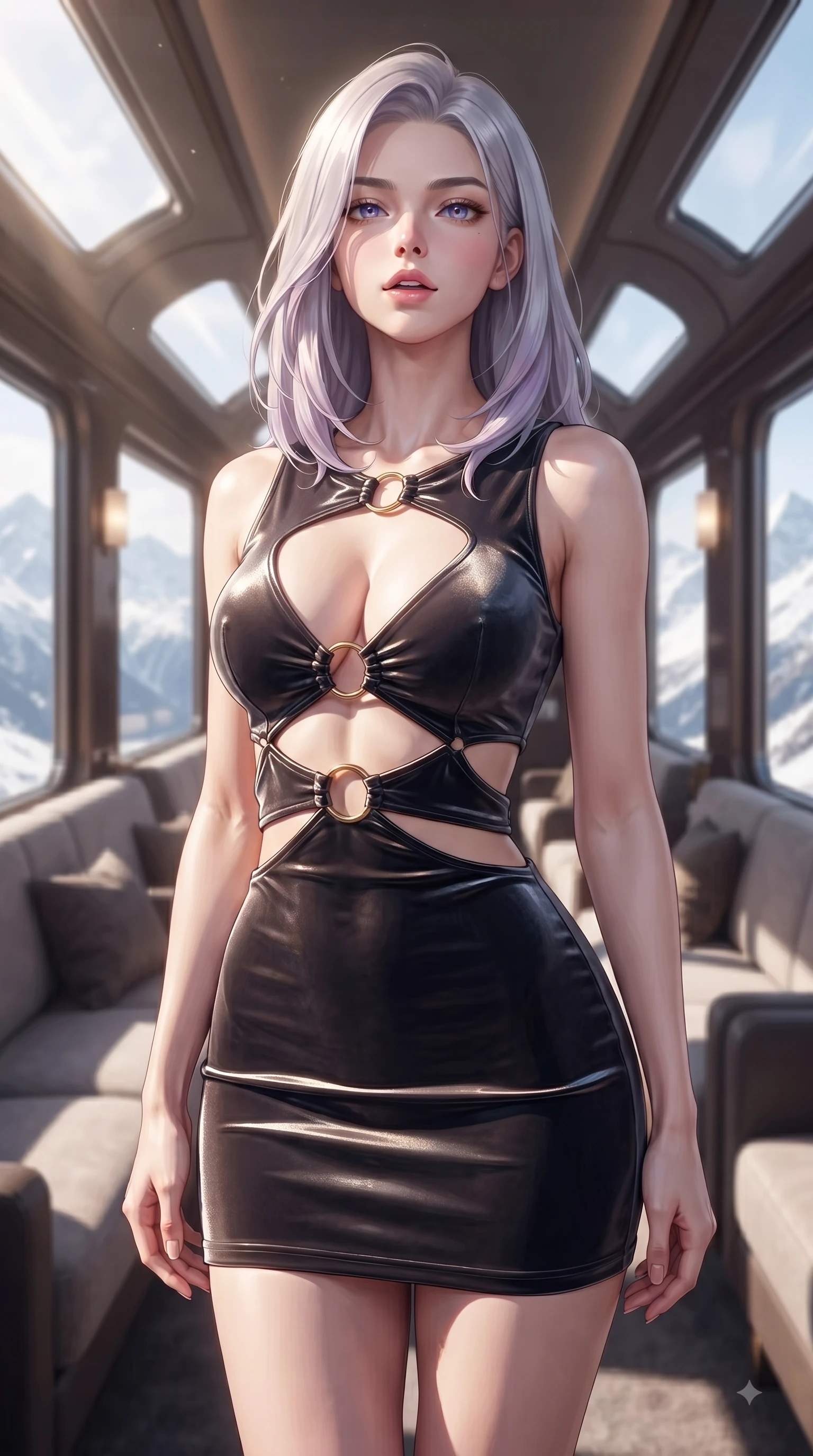 score_9, masterpiece, best quality, ultra-detailed, high-budget anime keyframe, editorial fashion photography, tasteful artistic composition, Caucasian woman woman. close-up cowboy shot from the waist and thighs up, the character dominates the composition, filling the frame with her large presence, background elements kept in soft focus. She has an exceptionally elegant, slender, and willowy female figure with an ultra-slim waist, a gracefully sculpted slender torso, and a refined silhouette. tilting her chin up slightly with lips parted in a composed and alluring expression, flawlessly proportioned anatomical accuracy, natural body alignment, perfectly sculpted elegant limbs, clean dynamic posture without body distortion. set against a soft-focus background of a winding luxury train lounge car showing snowy alpine peaks. wearing a slitted cutout bodycon mini dress in dark velvet with gold ring hardware framing her waist. bathed in crisp alpine morning sunbeams slicing through panoramic window glass. ultra-reflective glossy finish, specular highlights, metallic sheen, high-contrast stereoscopic depth, volumetric dynamic lighting, 2k, ultra detail, master piece, 9:16 ratio