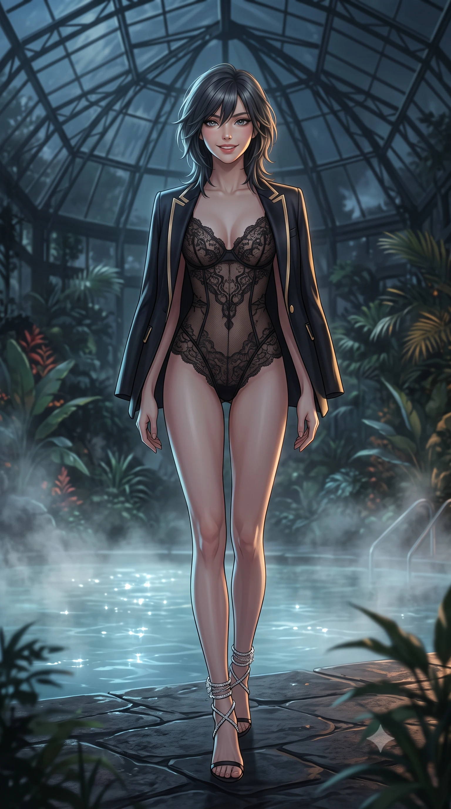 score_9, masterpiece, best quality, ultra-detailed, high-budget anime keyframe, editorial fashion photography, tasteful artistic composition, Caucasian woman. low angle full-body shot from head to toe showing her feet, filling the entire 9:16 vertical frame with her statuesque presence, stretching her vertical silhouette. stepping slowly toward the camera with hypnotic grace, hips swaying in an alluring sensual rhythm that accentuates her curvy hourglass silhouette and long slender legs while standing poised on the heated lava stone deck beside the steaming botanical thermal pool under the soaring glass conservatory truss, arching her back with siren allure. The background shows a soft-focus rising geothermal water vapor softened in exclusive botanical retreat shallow focus. She has an exceptionally tall and slender model-like 8.5-heads proportion, an ultra-slim waist, a flat toned midriff, narrow delicate ribcage, and beautifully sculpted feminine hips creating a graceful, slim hourglass silhouette without any bulky heaviness, with impossibly long slender legs. sharp v-shaped jawline, high-bridge nose, intricate jewel-like sparkling eyes with depth, thick eyelashes, glossy parted lips with a natural peach sheen, bright cheerful beaming smile with an enchanting and coquettish sensual glint, exuding both youthful cute charm and seductive allure, flawlessly proportioned anatomical accuracy, strict slender model proportions, natural body alignment, perfectly sculpted long slender limbs, ultra-slim waistline, clean dynamic posture without body distortion. wearing a delicate sheer French Chantilly lace teddy layered under an open tailored tuxedo blazer draped over bare shoulders in deep midnight obsidian black and champagne gold, woven from buttery-soft stretch lambskin leather adhering to her body like a second skin, complemented by strappy stiletto sandals with crystal ankle wraps accentuating her slender calves, the form-contouring silhouette accentuating her sculpted flat midriff, narrow delicate ribcage, and gracefully curvy hips with intoxicating allure. illuminated by mineral pool specular bounce and sharp gold-cyan dual rim lights sculpting her jawline, narrow waist, and curvy hips. ultra-reflective glossy finish, specular highlights, rich textural contrasts, high-contrast stereoscopic depth, volumetric dynamic lighting, 2k, ultra detail, master piece, 9:16 ratio