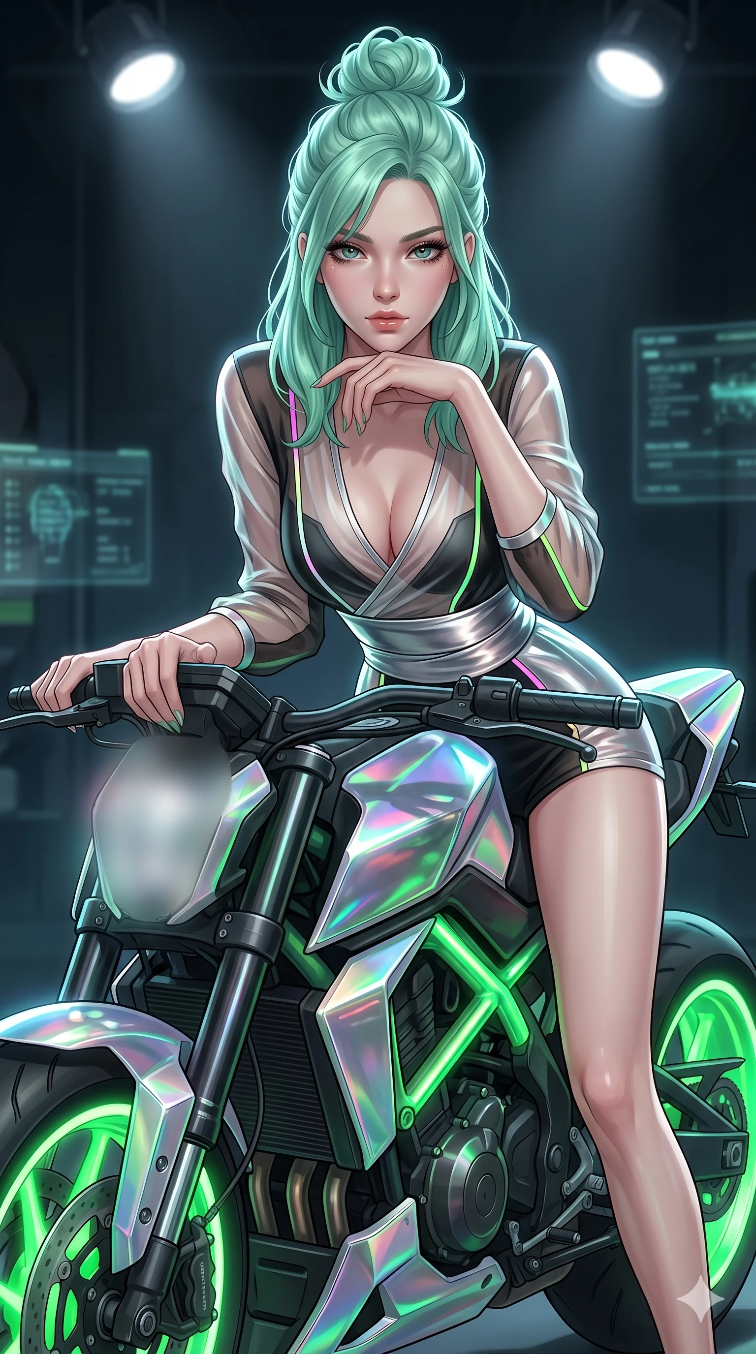 score_9, masterpiece, best quality, ultra-detailed, high-budget anime keyframe, editorial fashion photography, tasteful artistic composition, Japanese woman. Upper body close-up from the thighs up, character filling the screen for maximum presence. She is leaning over a sleek, glowing holographic cyberpunk motorcycle. She rests her chin on the handlebars, looking directly at the camera with an intense, sultry gaze. She has an absolutely perfect 8-heads proportion, an exceptionally tall and slender female figure with impossibly long slender legs and an ultra-slim waist. V-shaped jawline, high-bridge nose, intricate jewel-like eyes with depth, thick eyelashes, glossy lips with a natural sheen. She is wearing a shortened cyber-fusion wrap top with transparent chiffon panels, a deep crossover neckline, and a high-waisted metallic sash that accentuates her ultra-slim waist. The scene is lit by the neon green wheels of the bike and a bright overhead studio spotlight. 2k, ultra detail, master piece, 9:16 ratio