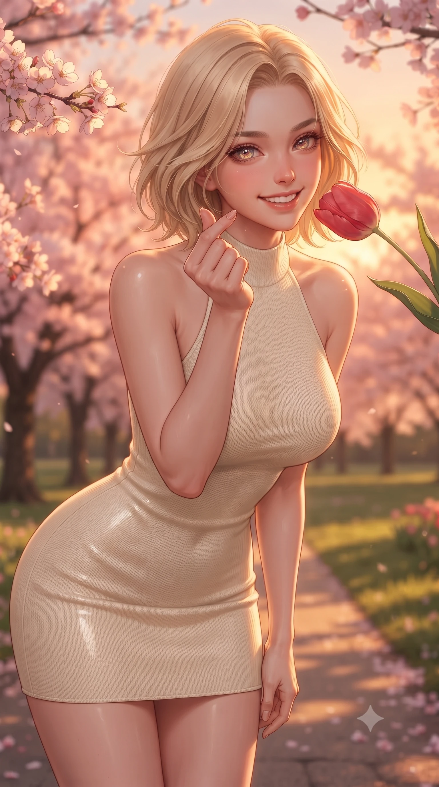 score_9, masterpiece, best quality, ultra-detailed, high-budget anime keyframe, editorial fashion photography, tasteful artistic composition, Caucasian woman. close-up cowboy shot from the waist and thighs up, the character dominates the composition, filling the frame with her large presence, background elements kept in soft focus. flashing a bright, sunny grin, holding her fingers in a cute small heart shape set against a soft-focus background of walking down a park path lined with blooming pink cherry blossom trees bending down to smell a red tulip with a sweet, lovely expression. She has an exceptionally elegant, slender, and willowy female figure with an ultra-slim waist, a gracefully sculpted slender torso, and a refined silhouette. sharp v-shaped jawline, high-bridge nose, intricate jewel-like eyes with depth, thick eyelashes, glossy lips with a natural sheen. wearing tailored sleek, tight-fitting knit halter dress in cream, tracing her slender silhouette. golden hour sunset light casting a warm, romantic orange glow over the field. ultra-reflective glossy finish, specular highlights, metallic sheen, high-contrast stereoscopic depth, volumetric dynamic lighting, 2k, ultra detail, master piece, 9:16 ratio