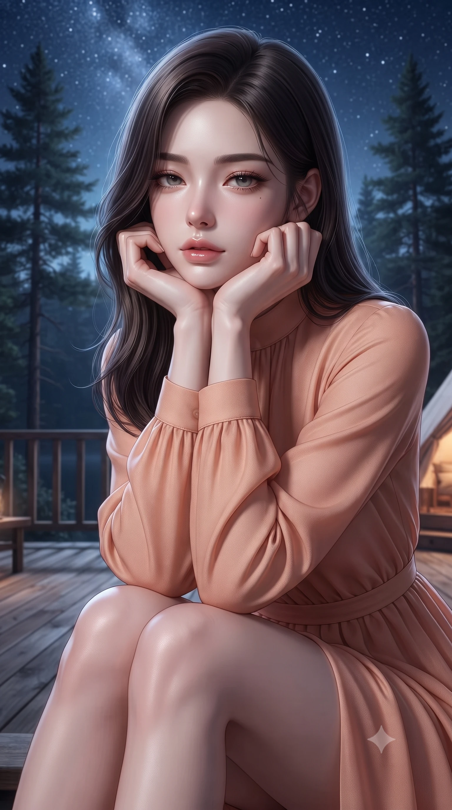 score_9, masterpiece, best quality, ultra-detailed, high-budget anime keyframe, editorial fashion photography, tasteful artistic composition, Korean woman. close-up cowboy shot from the waist and thighs up, the character dominates the composition, filling the frame with her large presence, background elements kept in soft focus. resting her chin on the backs of her fingers, casting a heavy-lidded, sultry look past the camera the background shows a soft-focus a wooden deck of a lakeside glamping site under a starry night sky and tall trees. She has an exceptionally elegant, slender, and willowy female figure with an ultra-slim waist, a gracefully sculpted slender torso, and a refined silhouette. sharp v-shaped jawline, high-bridge nose, intricate jewel-like eyes with depth, thick eyelashes, glossy lips with a natural sheen. wearing a tailored flowy peach-colored chiffon lounge gown with long sleeves and a modest high collar. soft silver moonlight wrapping her silhouette in a cool cosmic glow. ultra-reflective glossy finish, specular highlights, metallic sheen, high-contrast stereoscopic depth, volumetric dynamic lighting, 2k, ultra detail, master piece, 9:16 ratio