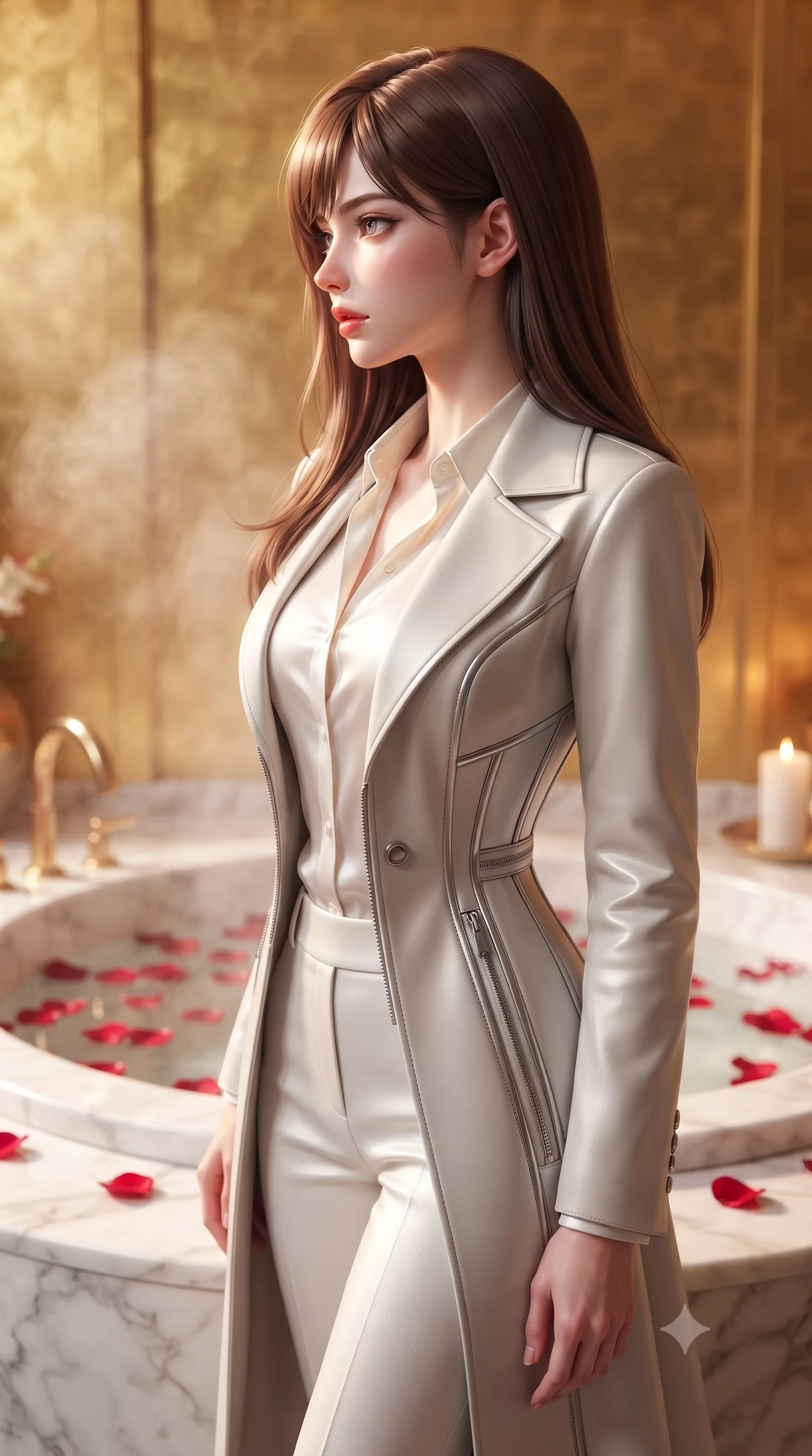 score_9, masterpiece, best quality, ultra-detailed, high-budget anime keyframe, editorial fashion photography, tasteful artistic composition, Korean woman. close-up cowboy shot from the waist and thighs up, the character dominates the composition, filling the frame with her large presence, background elements kept in soft focus. Turning her face in sharp dramatic profile against the key light, standing beside a sunken white marble spa basin filled with floating red rose petals, gold leaf walls reflecting warm radiant inner glow behind her silhouette. She has an exceptionally elegant, slender, and willowy female figure with an ultra-slim waist, a gracefully sculpted slender torso, and a refined silhouette. sharp v-shaped jawline, high-bridge nose, intricate jewel-like eyes with depth, thick eyelashes, glossy lips with a natural sheen. wearing structured platinum leather long coat over white silk blouse and tailored slacks in pearl white, made of matte carbon-fiber weave, finished with metallic silver boning and sleek zipper points, accentuating her gracefully sculpted slender torso. bathed in soft rose-tinted steam rays and bright alabaster highlights. highly saturated vibrant anime colors, detailed shading with soft gradients, rich glossy textures, high-contrast stereoscopic depth, volumetric dynamic lighting, master piece, 9:16 ratio