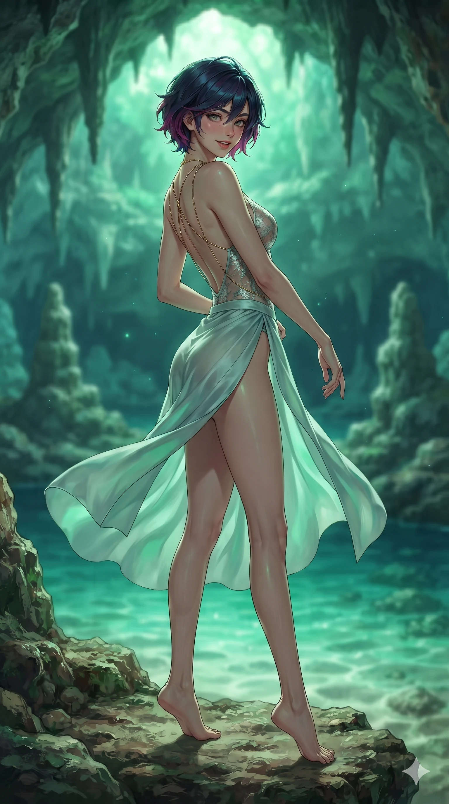 score_9, masterpiece, best quality, ultra-detailed, high-budget anime keyframe, editorial fashion photography, tasteful artistic composition, Korean woman. low angle full-body shot from head to toe showing her feet, filling the entire 9:16 vertical frame with her statuesque presence, stretching her vertical silhouette. executing a slow, graceful pivot turn as her silk wrap skirt sways around her slender legs, glancing back with an enchanting, teasing sensual expression while standing poised on the rocky natural ledge inside the emerald grotto, arching her spine with supermodel poise as luminous green reflections dance across her silhouette. The background shows a soft-focus mystical emerald sea grotto softened in subterranean cavern shallow focus. She has an absolutely perfect, statuesque 8.5-heads proportion, an exceptionally tall and slender model-like female figure with impossibly long slender legs, an ultra-slim waist, a flat toned midriff, narrow delicate ribcage, and beautifully sculpted feminine hips creating a graceful, slim hourglass silhouette without any bulky heaviness. sharp v-shaped jawline, high-bridge nose, sparkling eyes with hypnotic seductive depth, thick curled eyelashes, glossy parted lips with a natural dewy peach sheen, alluring bedroom-eyes with an enchanting coquettish smile, exuding magnetic siren charisma and sophisticated glamour, flawlessly proportioned anatomical accuracy, strict slender model proportions, natural body alignment, perfectly sculpted long slender limbs, ultra-slim waistline, clean dynamic posture without body distortion. wearing a provocative sheer-illusion nanotech lace bodysuit with strategic metallic foil flocking and high-cut leg openings in shimmering silver mercury and sunlit seafoam pearl, tailored from smooth liquid silk satin that clings smoothly to her narrow waist and rounded hips with a dewy sheen, accented with a gold body chain harness subtly framing her dewy collarbones and spine, the precision-cut side openings and low-back scoop framing her graceful spine and the sensual sweep of her slim, toned hips. bathed in the breathtaking natural emerald-green ambient light reflecting upward from submerged sandy shoals into the cavern dome. ultra-reflective glossy finish, specular highlights, rich textural contrasts, high-contrast stereoscopic depth, volumetric dynamic lighting, 2k, ultra detail, master piece, 9:16 ratio