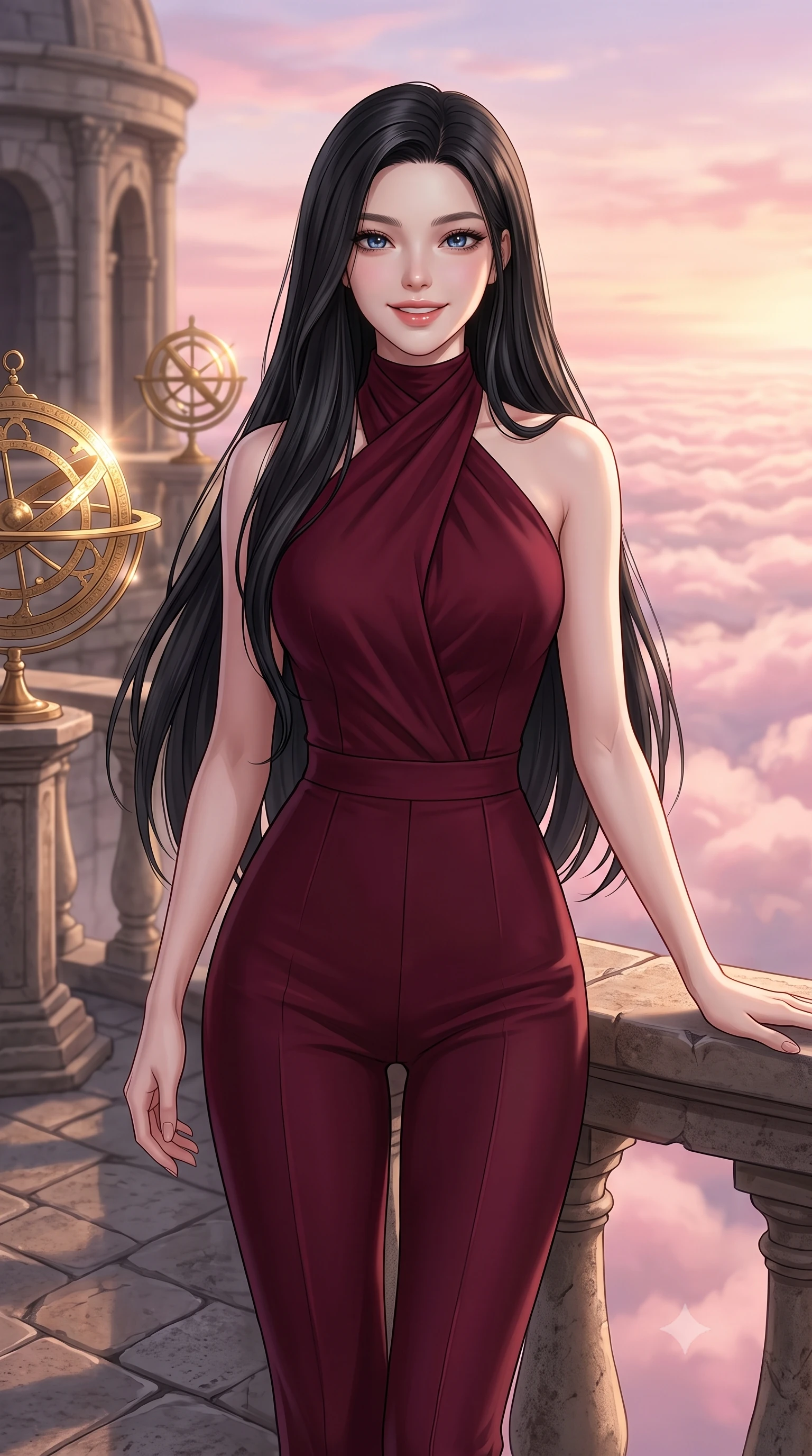 score_9, masterpiece, best quality, ultra-detailed, high-budget anime keyframe, editorial fashion photography, tasteful artistic composition, Korean woman. close-up cowboy shot from the waist and thighs up, the character dominates the composition, filling the frame with her large presence, background elements kept in soft focus. Gazing ahead with a happy, optimistic expression and a gentle smile. set against a soft-focus background of standing on the balcony of an ancient stone observatory with rotating brass astrolabes, looking out over a sea of pink-tinted clouds. She has an exceptionally elegant, slender, and willowy female figure with a highly-defined ultra-slim waist, a gracefully sculpted slender torso, and a refined slim-fit silhouette that contours her form. sharp v-shaped jawline, high-bridge nose, intricate jewel-like eyes with depth, thick eyelashes, glossy lips with a natural sheen. wearing a precision-tailored jumpsuit in deep burgundy with a high wrap-front neck, highlighting her slim waist and long legs. warm dawn light reflecting off the brass instruments, painting the sky in pastel hues of pink and gold. 2k, ultra detail, master piece, 9:16 ratio