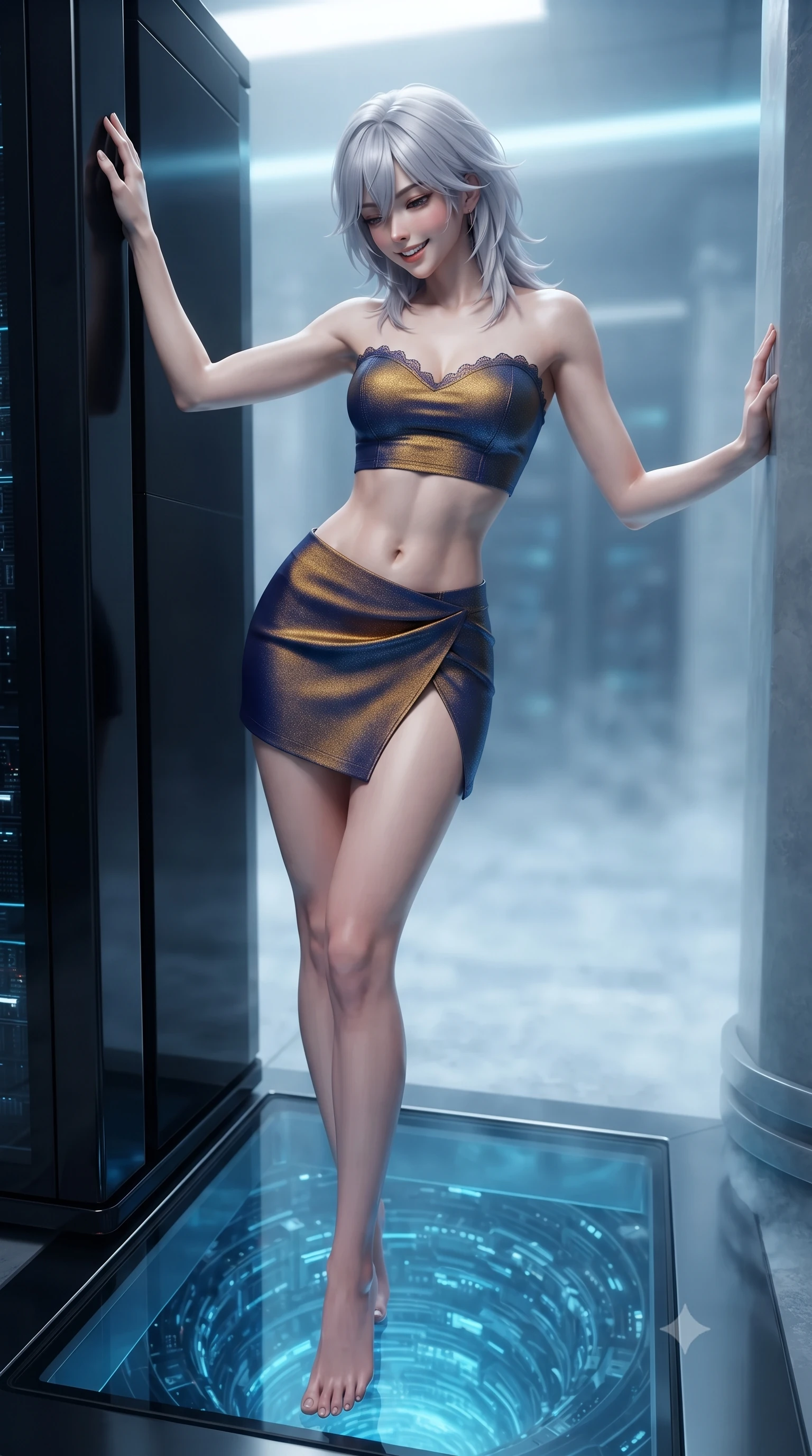 score_9, masterpiece, best quality, ultra-detailed, high-budget anime keyframe, editorial fashion photography, tasteful artistic composition, Japanese woman. low angle full-body shot from head to toe showing her feet, filling the entire 9:16 vertical frame with her statuesque presence, stretching her vertical silhouette. standing tall beside the architectural column, one hand resting high while arching her lower back to emphasize her sculpted feminine hips and slender waist while leaning against the polished obsidian server chassis with hips cocked back, looking down through the glass floor into the infinite blue server abyss with heavy-lidded bedroom-eyes. The background shows a soft-focus frosty nitrogen vapor softened in subterranean quantum core vault shallow focus. She has an exceptionally tall and slender model-like 8.5-heads proportion, an ultra-slim waist, a flat toned midriff, narrow delicate ribcage, and beautifully sculpted feminine hips creating a graceful, slim hourglass silhouette without any bulky heaviness, with impossibly long slender legs. sharp v-shaped jawline, high-bridge nose, intricate jewel-like sparkling eyes with depth, thick eyelashes, glossy parted lips with a natural peach sheen, bright cheerful beaming smile with an enchanting and coquettish sensual glint, exuding both youthful cute charm and seductive allure, flawlessly proportioned anatomical accuracy, strict slender model proportions, natural body alignment, perfectly sculpted long slender limbs, ultra-slim waistline, clean dynamic posture without body distortion. wearing an ultra-cropped tech-wear bandeau top paired with a micro mini skirt revealing her flat toned midriff in Jovian amber and electric storm cobalt, tailored from high-density tech-wool with subtle metallic thread weave, finished with scalloped eyelash lace trim framing her sweetheart neckline with intimate elegance, the high-slit wrap tailoring accentuating her ultra-slim waistline and the enchanting curve of her feminine hips with alluring seductive charm. illuminated by glass gantry reflection bounce and sharp laser-cyan rim lights defining her razor-sharp jawline, narrow waist, and curvy hips. ultra-reflective glossy finish, specular highlights, rich textural contrasts, high-contrast stereoscopic depth, volumetric dynamic lighting, 2k, ultra detail, master piece, 9:16 ratio