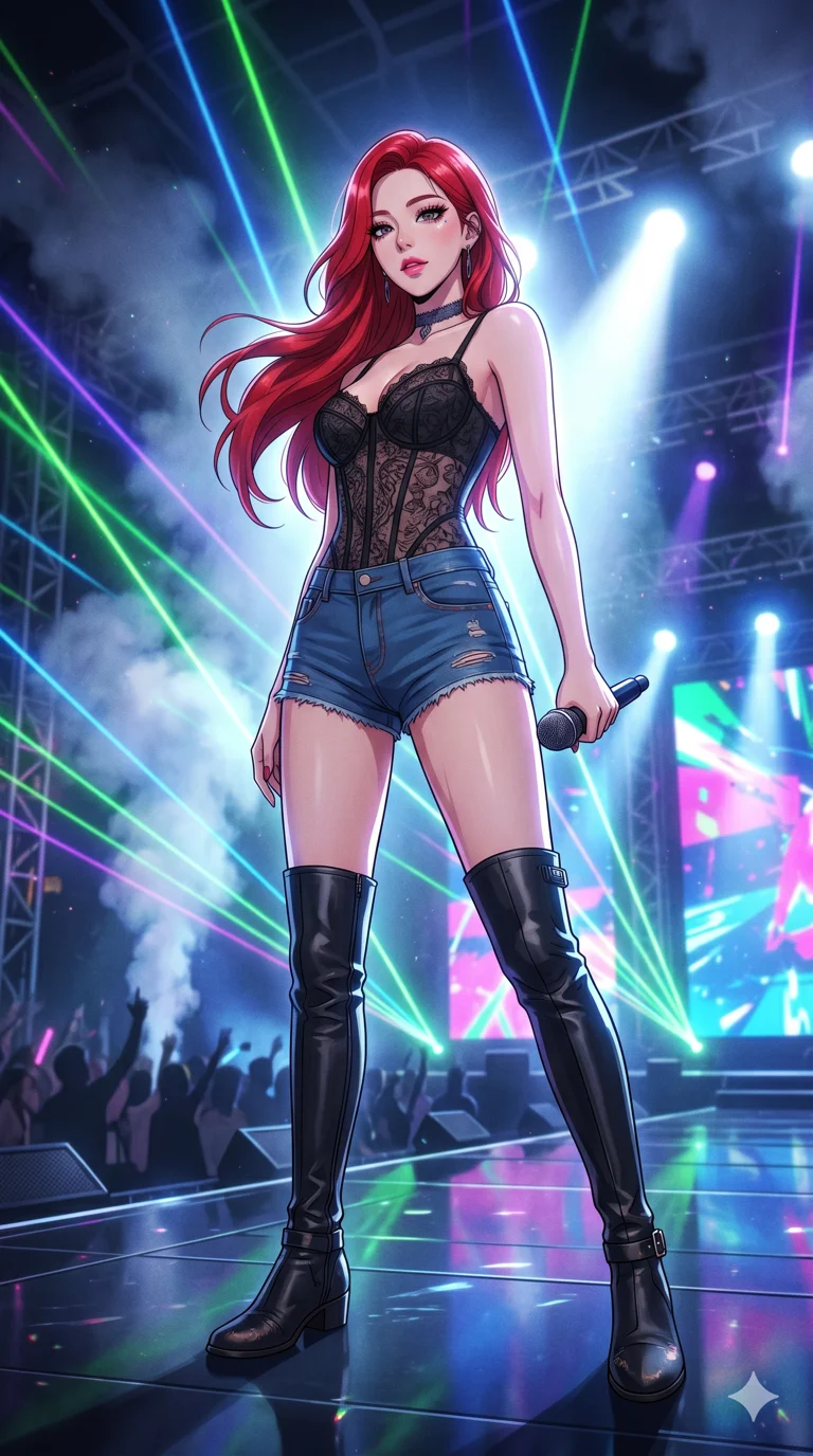 score_9, masterpiece, best quality, ultra-detailed, semi-realistic high-budget anime keyframe, an incredibly beautiful Korean woman. Low angle cowboy shot filling the frame. She has an absolutely perfect 8-heads proportion, an exceptionally tall female figure with a delicate skinny figure. Her face is a highly detailed masterpiece featuring a v-shaped jawline, high-bridge nose, intricate jewel-like eyes, thick eyelashes, and glossy lips. She has vibrant red flowing hair. She is wearing a form-fitting sheer lace corset top and short denim hotpants, thigh-high boots, highlighting her alluring silhouette. Massive concert stage, vivid laser lights, dramatic rim lighting, cinematic shadows, 2k, ultra detail, master piece, 9:16 ratio