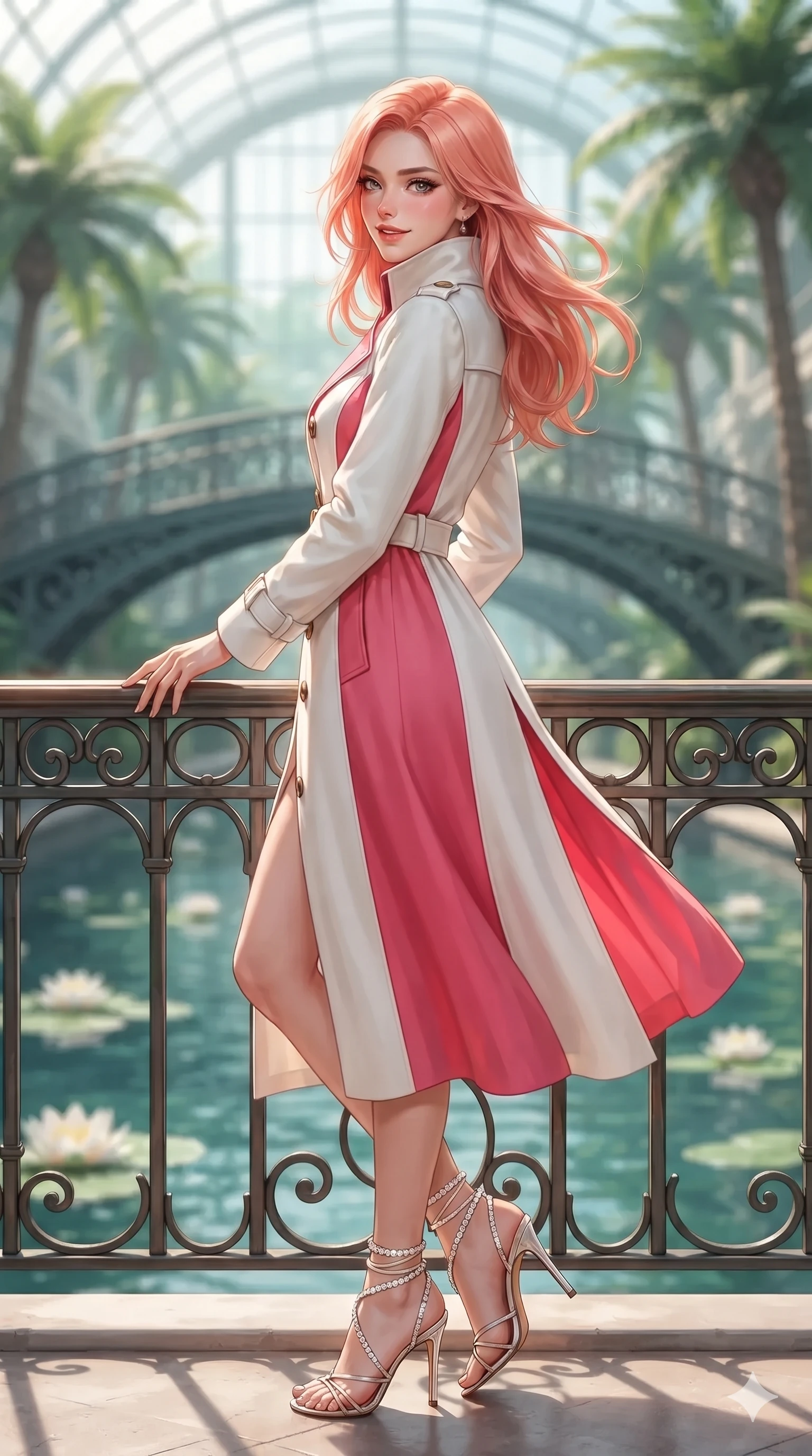 score_9, masterpiece, best quality, ultra-detailed, high-budget anime keyframe, editorial fashion photography, tasteful artistic composition, Japanese woman. close-up cowboy shot from the waist and thighs up, the character dominates the composition, filling the frame with her large presence. turning slowly with an enchanting smoldering smile, her glossy hair tossing in the breeze as her hips angle gracefully in a captivating contrapposto while leaning against the decorative iron bridge rail with hips cocked back, looking through thick curled eyelashes with an enchanting, dangerous smile. The background shows a soft-focus arched iron bridges, floating white lotus blossoms, and towering tropical palms blurred into aquamarine, ivory, and emerald bokeh. She has an exceptionally elegant, slender, and willowy female figure with an ultra-slim waist, flat toned midriff, narrow ribcage, and sculpted feminine hips creating an alluring, slim hourglass silhouette without bulk. sharp v-shaped jawline, high-bridge nose, sparkling eyes with hypnotic seductive depth, thick curled eyelashes, glossy parted lips with a natural dewy peach sheen, alluring bedroom-eyes with an enchanting coquettish smile, exuding magnetic siren charisma and sophisticated glamour, flawlessly proportioned anatomical accuracy, strict slender model proportions, natural body alignment, perfectly sculpted long slender limbs, ultra-slim waistline, clean dynamic posture without body distortion. wearing a structured high-collar silk linen trench coat dress with horn buttons and pleated storm flap in pure snow white and vivid cherry blossom crimson, tailored from heavy double-faced silk georgette with an exceptionally fluid drape, complemented by strappy stiletto sandals with crystal ankle wraps accentuating her slender calves, the impeccably tailored cut draping gracefully along her slender figure with aristocratic botanical poise. bathed in glorious, crystal-clear morning sun pouring through curved glass roofs onto reflecting canals. ultra-reflective glossy finish, specular highlights, rich textural contrasts, high-contrast stereoscopic depth, volumetric dynamic lighting, 2k, ultra detail, master piece, 9:16 ratio
