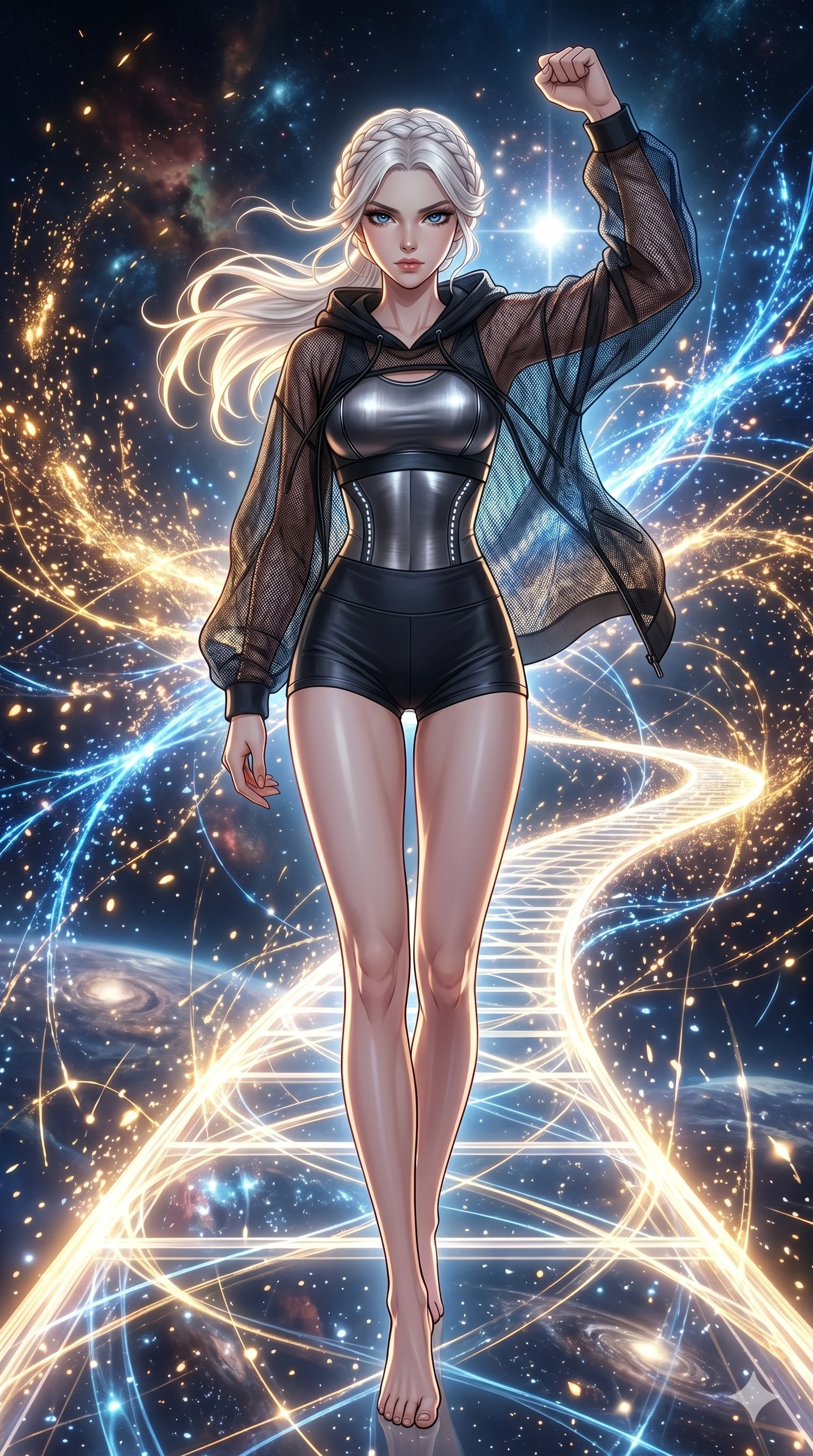 score_9, masterpiece, best quality, ultra-detailed, high-budget anime movie keyframe, cinematic anime lighting, intricate line art, Caucasian (strictly human ears) woman. Dynamic full-body shot stretching the vertical silhouette across the 9:16 frame. standing victoriously in a celestial bridge made of light in a storm of sparks. She has an absolutely perfect 8-heads proportion, an exceptionally tall and slender female figure with an ultra-slim waist and impossibly long slender legs. sharp v-shaped jawline, high-bridge nose, intricate jewel-like eyes, thick eyelashes, glossy lips. Wearing premium athleisure set with a metallic-finish compression top, high-cut yoga shorts that accentuate her long legs, and a sheer oversized hoodie. The scene is illuminated by dramatic atmospheric lighting and vibrant color palettes. , 2k, ultra detail, master piece, 9:16 ratio