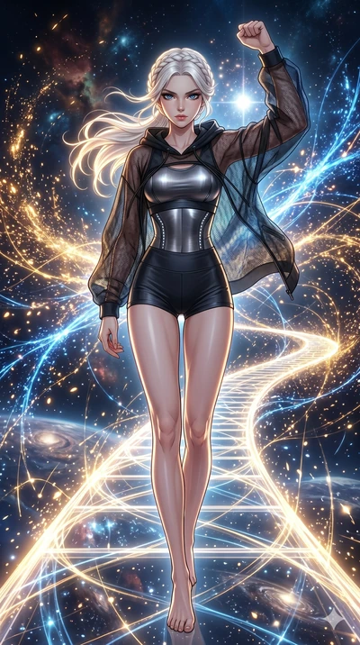 score_9, masterpiece, best quality, ultra-detailed, high-budget anime movie keyframe, cinematic anime lighting, intricate line art, Caucasian (strictly human ears) woman. Dynamic full-body shot stretching the vertical silhouette across the 9:16 frame
