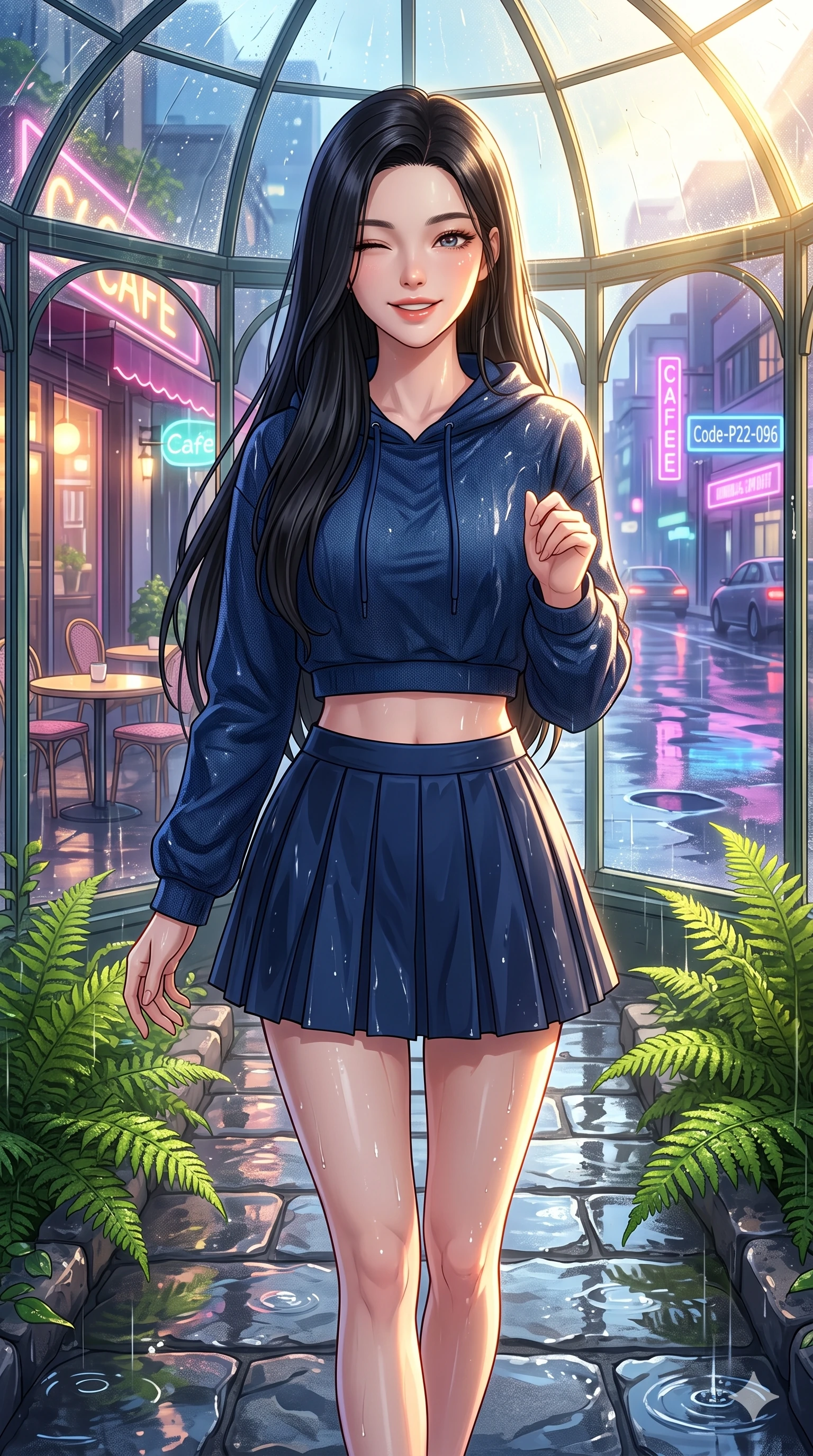 score_9, masterpiece, best quality, ultra-detailed, high-budget anime keyframe, vibrant anime aesthetic, Korean woman. close-up cowboy shot from the waist and thighs up, the character dominates the composition, filling the frame with her large presence, background elements kept in soft focus. She is walking down a rain-slicked path, winking and smiling cheerfully, gazing at the camera with sparkling eyes standing amidst vibrant green ferns. by a glowing neon-lit cafe terrace overlooking a reflective puddle-filled street during a twilight shower (Code-P22-096). She has an absolutely perfect proportion, an exceptionally elegant and slender female figure with an ultra-slim waist. V-shaped jawline, high-bridge nose, intricate jewel-like eyes with depth, thick eyelashes, glossy lips with a natural sheen. wearing a cropped hoodie paired with a high-waisted pleated tennis skirt in midnight blue. She is drenched in brilliant morning sunshine reflecting off wet glass domes, highlighting her winking face and glossy lips inside the glass pavilion. 2k, ultra detail, master piece, 9:16 ratio