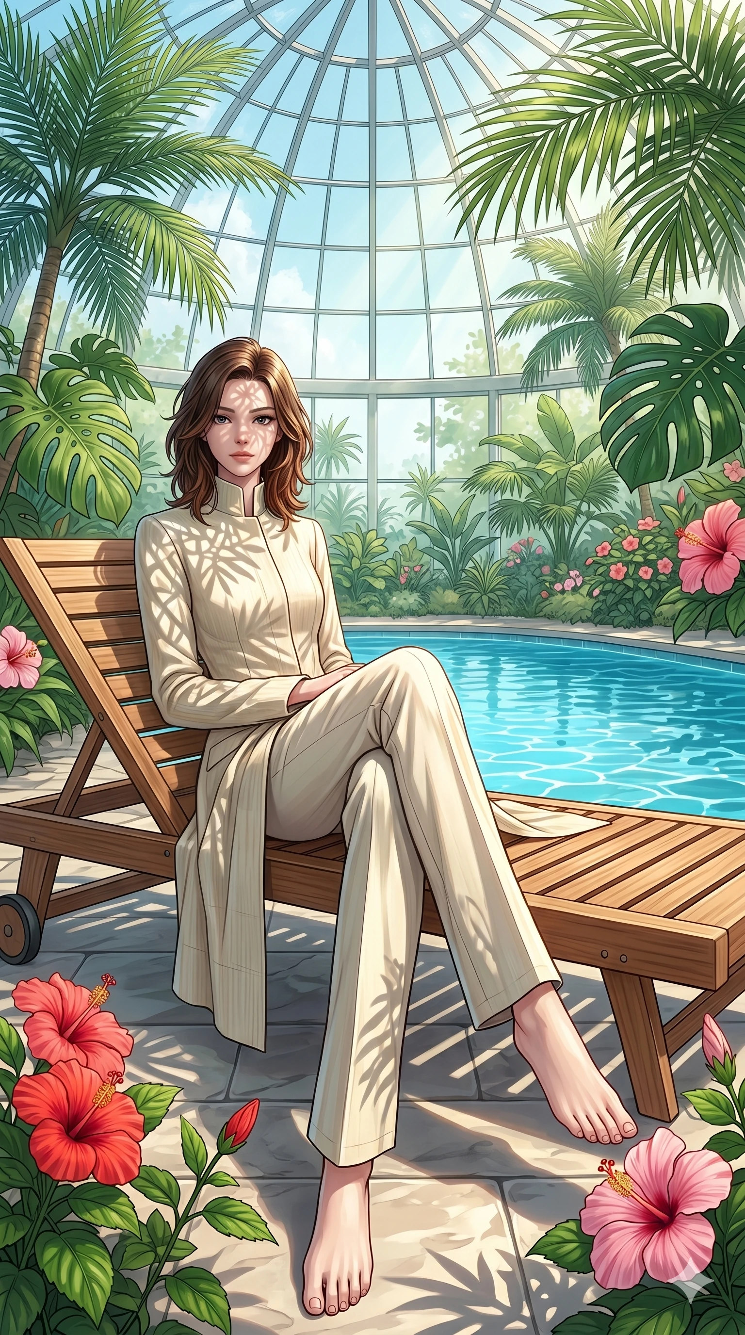 score_9, masterpiece, best quality, ultra-detailed, high-budget anime keyframe, editorial fashion photography, tasteful artistic composition, Korean woman. low angle full-body shot from head to toe showing her feet, filling the entire 9:16 vertical frame with her statuesque presence, stretching her vertical silhouette. sitting on a sunbed, stretching her long legs toward the pool, looking directly into the camera with quiet confidence inside a bright, sunlit glass greenhouse filled with tropical palms and blooming hibiscus (Code-P19-004). She has an absolutely perfect 8-heads proportion, an exceptionally tall and slender female figure with impossibly long slender legs and an ultra-slim waist. V-shaped jawline, high-bridge nose, intricate jewel-like eyes with depth, thick eyelashes, glossy lips with a natural sheen. wearing a high-collar structured summer coat in pale bamboo fiber with matching long trousers. bathed in dappled sunlight filtering through tropical leaves, casting organic stencil shadows on her skin. 2k, ultra detail, master piece, 9:16 ratio