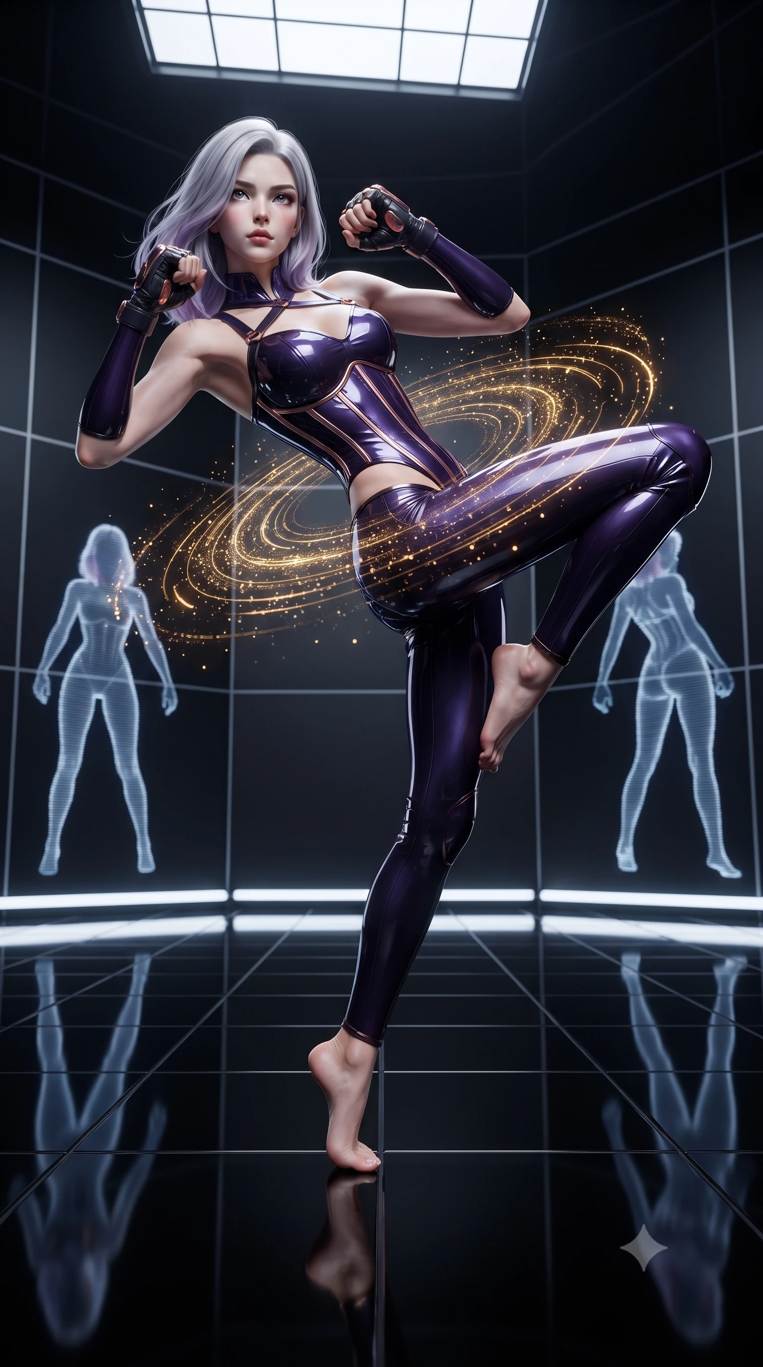 score_9, masterpiece, best quality, ultra-detailed, high-budget anime keyframe, editorial fashion photography, tasteful artistic composition, Caucasian woman. low angle full-body shot from head to toe showing her feet, filling the entire 9:16 vertical frame with her statuesque presence, stretching her vertical silhouette. pivoting dynamically in a high-speed low sweep kick along the reflective floor, her athletic torso and ultra-slim waist twisting in a fluid arc of power while arching her spine in a fluid zero-gravity back-arch as holographic data particles swirl in a golden mandala around her waist. The surrounding environment is rendered in vivid detail and crisp panoramic clarity. razor-sharp quantum grid line geometries, distinct holographic after-image silhouettes, and black glass in deep focus. She has an absolutely perfect, statuesque 8.5-heads proportion, an exceptionally tall and slender model-like female figure with impossibly long slender legs, a toned flat midriff, and an ultra-slim waist. sharp v-shaped jawline, high-bridge nose, intricate jewel-like eyes with depth, thick eyelashes, glossy lips with a natural sheen, flawlessly proportioned anatomical accuracy, strict slender model proportions, natural body alignment, perfectly sculpted long slender limbs, ultra-slim waistline, clean dynamic posture without body distortion. wearing a precision-tailored high-fashion carbon-fiber corset bodysuit with gold mechanical rib boning and kinetic shock-dampening palms in royal purple carbon fiber with rose-gold hardware and clasps, formed from high-gloss patent carbon-plating with specular chiaroscuro reflections, complemented by criss-cross back harness straps highlighting her completely bare spine, the precision-cut daring openings accentuating her delicate midriff, graceful bare collarbones, and ultra-slim feminine waistline. surrounded by an omniscient, divine, and radiantly transcendent martial muse aura. ultra-reflective glossy finish, specular highlights, dark metallic sheen, high-contrast stereoscopic depth, volumetric dynamic lighting, 2k, ultra detail, master piece, 9:16 ratio