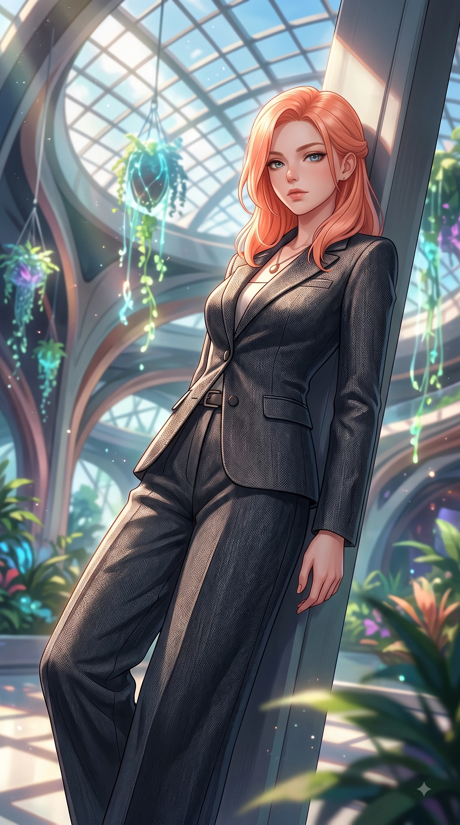 score_9, masterpiece, best quality, ultra-detailed, high-budget anime keyframe, editorial fashion photography, tasteful artistic composition, Japanese woman woman. close-up cowboy shot from the waist and thighs up, the character dominates the composition, filling the frame with her large presence, background elements kept in soft focus. She has an exceptionally elegant, slender, and willowy female figure with an ultra-slim waist, a gracefully sculpted slender torso, and a refined silhouette. leaning back effortlessly against the surrounding architecture with an air of magnetic superiority, flawlessly proportioned anatomical accuracy, natural body alignment, perfectly sculpted elegant limbs, clean dynamic posture without body distortion. set against a soft-focus background of a futuristic botanical pavilion with floating hologram plants. wearing a tailored charcoal tweed suit jacket with high-waisted wide trousers. bathed in dappled morning sunlight filtering through glass roof grid structures. highly saturated vibrant anime colors, detailed shading with soft gradients, rich glossy textures, high-contrast stereoscopic depth, volumetric dynamic lighting, master piece, 9:16 ratio