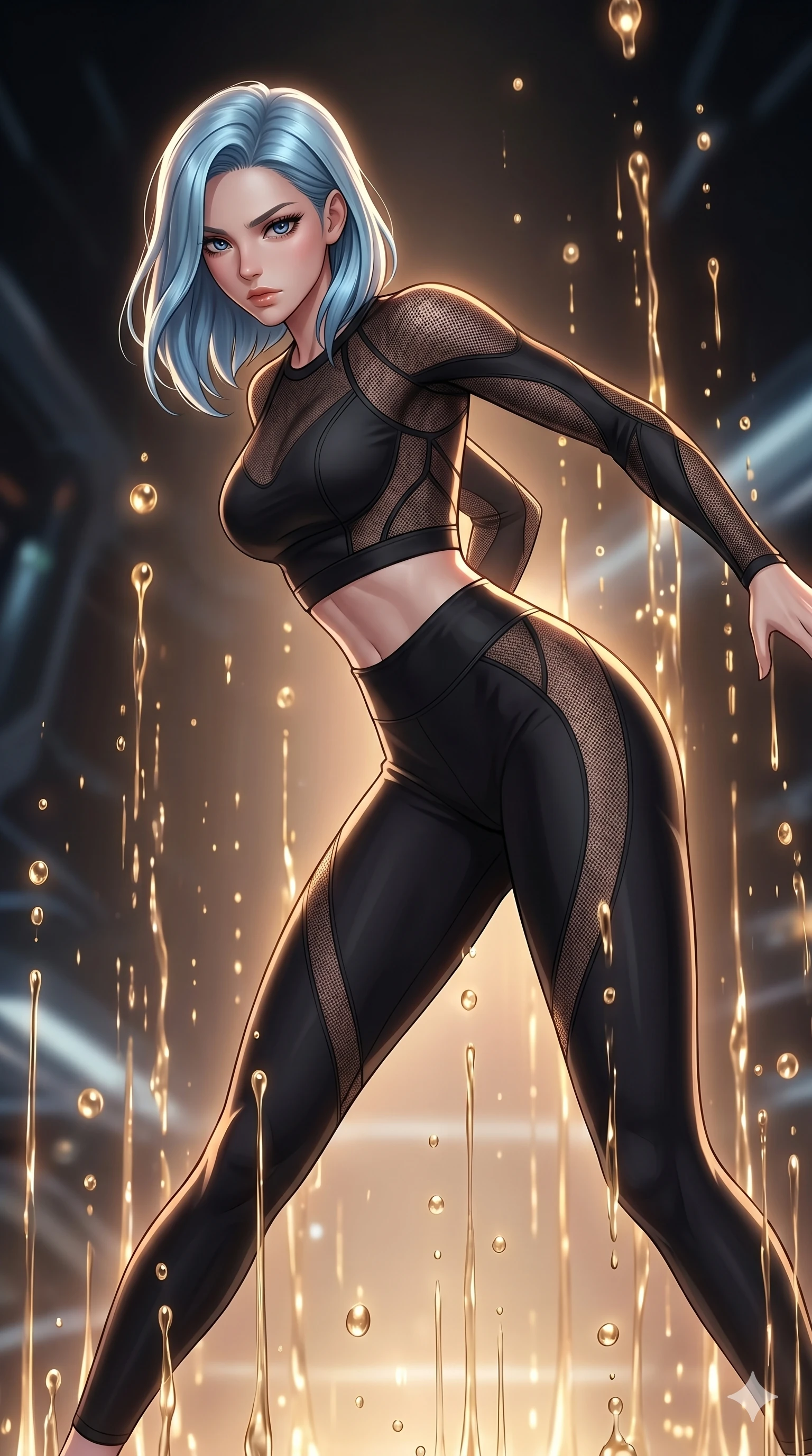 score_9, masterpiece, best quality, ultra-detailed, high-budget anime keyframe, Korean woman. upper body close-up from the thighs up, character filling the screen for maximum presence. dodging ethereal liquid gold rain that rises upward from the ground in warm shimmering droplets under an inverted gravity field. She has an absolutely perfect 8-heads proportion, an exceptionally tall and slender female figure with impossibly long slender legs and an ultra-slim waist. V-shaped jawline, high-bridge nose, intricate jewel-like eyes with depth, thick eyelashes, glossy lips with a natural sheen.. wearing a sheer mesh athleisure set, featuring a tight matte black top and leggings with semi-opaque mesh panels tracing the curves of her waist and thighs. lit by a soft glowing ambient light and a sharp side key light that traces the sleek contours of her athletic build. 2k, ultra detail, master piece, 9:16 ratio